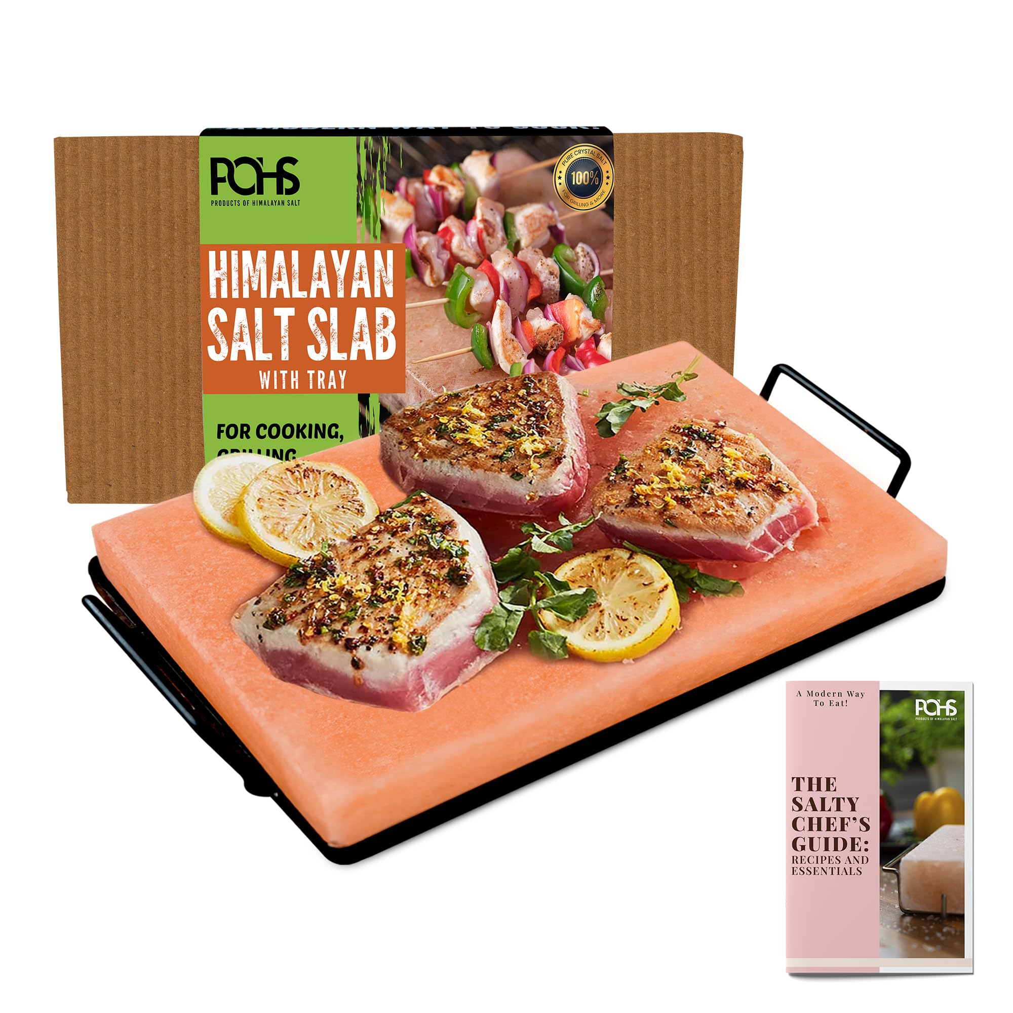POHS Himalayan Salt Block Cooking Plate 12x8x1.5 for Cooking, Grilling, Cutting and Serving, with Metal Tray & Recipe Booklet Unique Gifts for Men