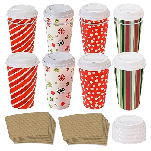 Live It Up! Party Supplies Christmas Paper Disposable Coffee or Hot Chocolate Cups and Lids - Festive Christmas Holiday Design (12-ct with Blank Kraft