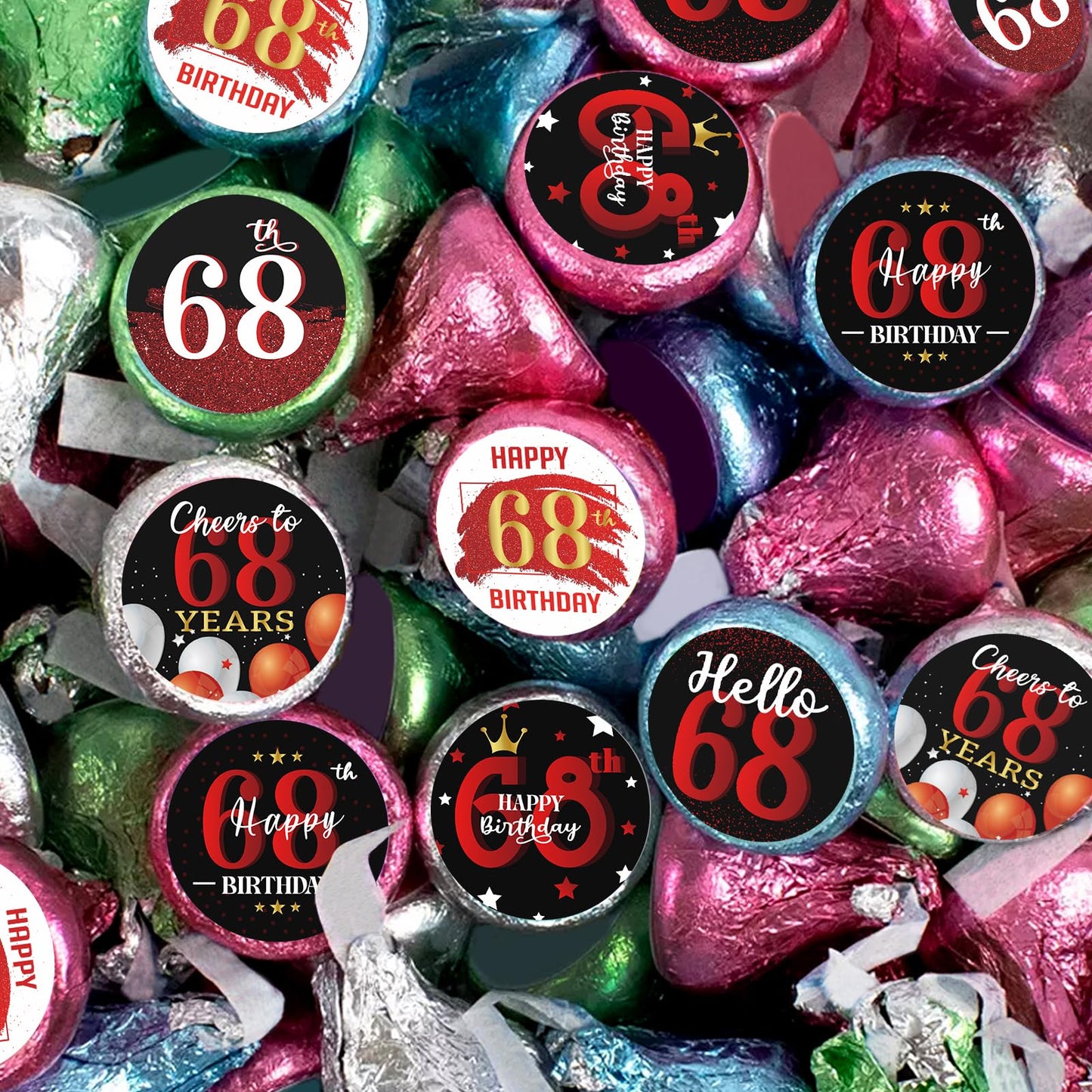 Happy 68th Birthday Party Favor Labels Chocolate Kisses Candy Stickers - 68 Years Old Birthday Round Candy Sticker Party Favors - Black and Red - 150