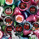 Happy 68th Birthday Party Favor Labels Chocolate Kisses Candy Stickers - 68 Years Old Birthday Round Candy Sticker Party Favors - Black and Red - 150