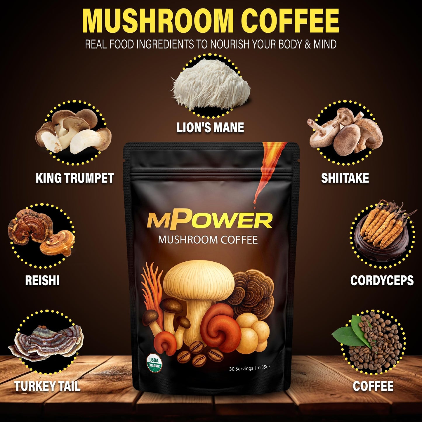 FuelMPOWER Mushroom Coffee USDA Organic - Adaptogenic 6 Mushroom Blend with Lion’s Mane, Cordyceps, Reishi & Turkey Tail - Smooth Energy, Focus & No