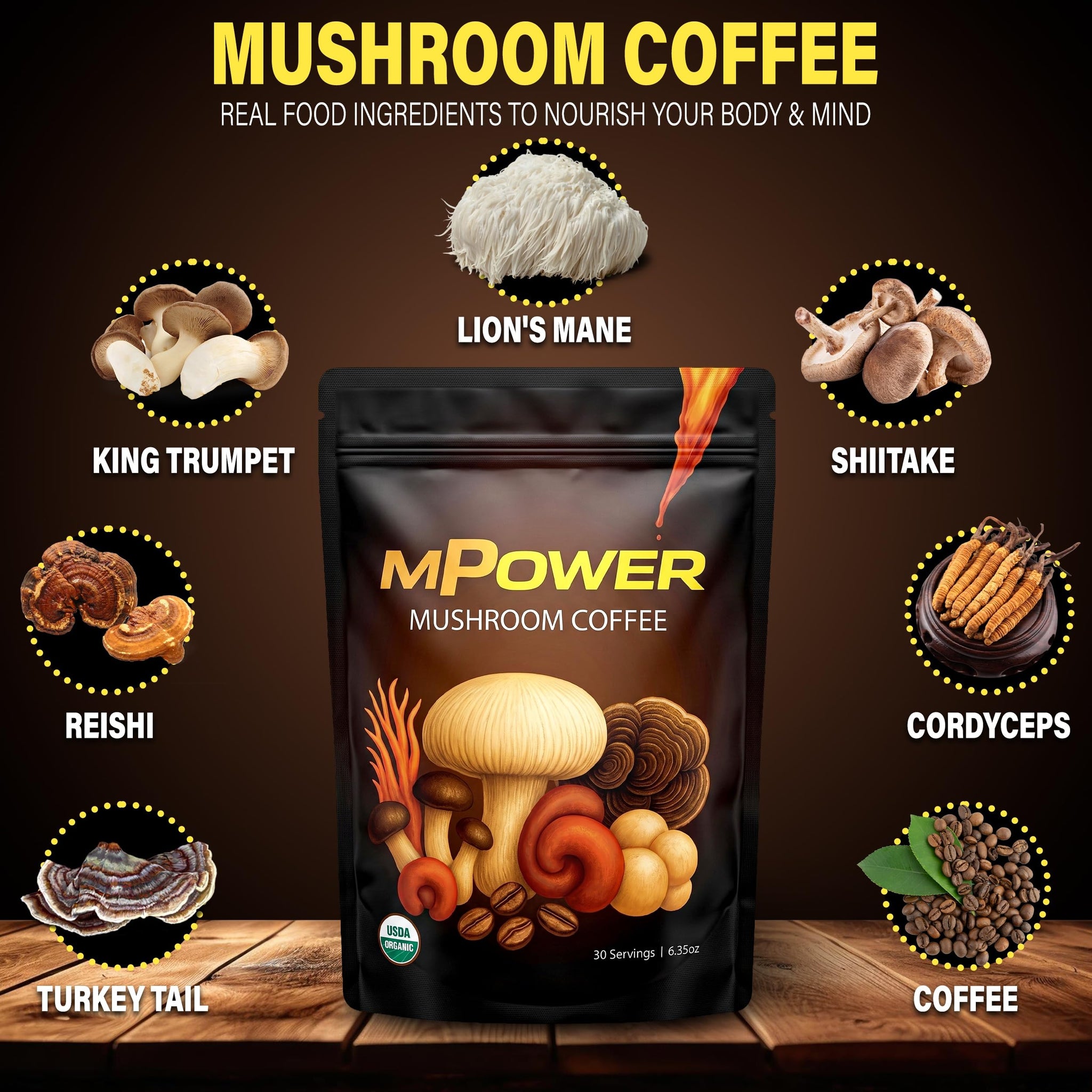 FuelMPOWER Mushroom Coffee USDA Organic - Adaptogenic 6 Mushroom Blend with Lion’s Mane, Cordyceps, Reishi & Turkey Tail - Smooth Energy, Focus & No