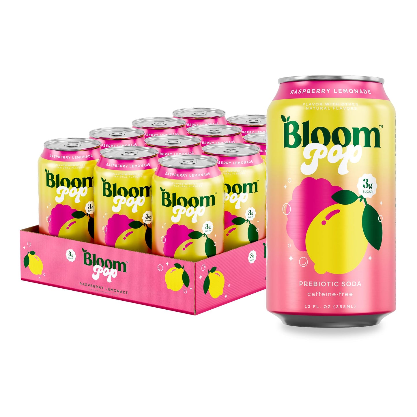 Bloom Pop Prebiotic Soda 12 Pack, Raspberry Lemonade Flavor, 12oz Cans | Prebiotic Soda for Gut Health, Low Calorie Soda, No Caffeine, Healthy Soft
