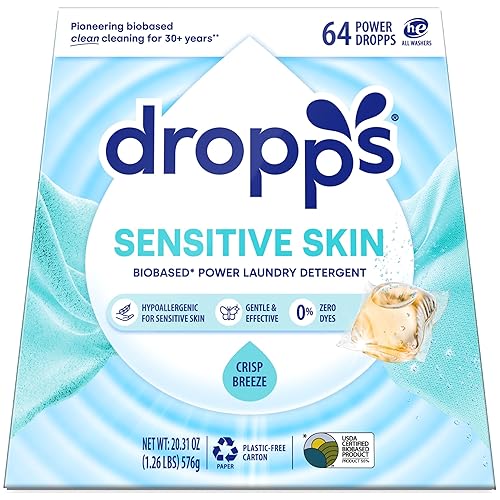Dropps Sensitive Skin Laundry Detergent Pods, Crisp Breeze (64 Count) - Hypoallergenic & Dermatologist Tested | Dye Free | Laundry Pods for Sensitive
