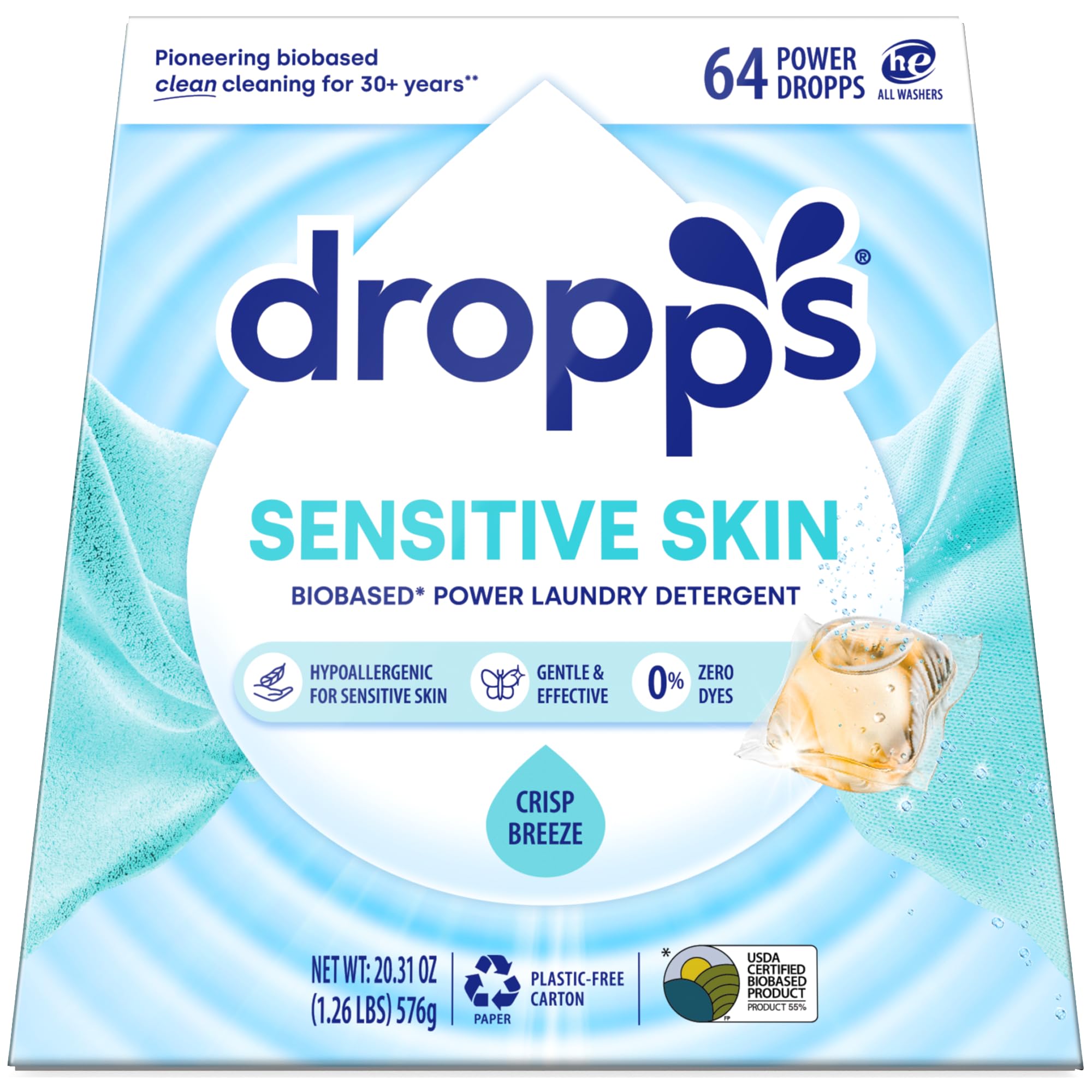 Dropps Sensitive Skin Laundry Detergent Pods, Crisp Breeze (64 Count) - Hypoallergenic & Dermatologist Tested | Dye Free | Laundry Pods for Sensitive