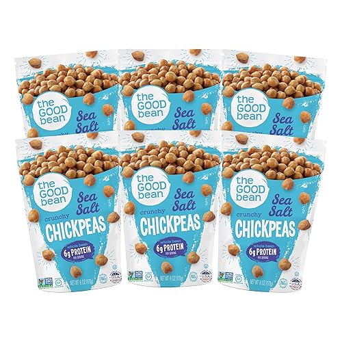 The Good Bean Crunchy Chickpeas - Sea Salt - (6 Pack) 6 oz Resealable Bag - Roasted Chickpea Beans - Vegan Snack with Good Source of Plant Protein