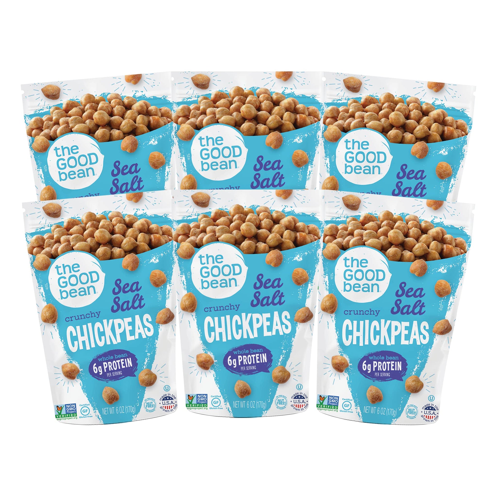 The Good Bean Crunchy Chickpeas - Sea Salt - (6 Pack) 6 oz Resealable Bag - Roasted Chickpea Beans - Vegan Snack with Good Source of Plant Protein