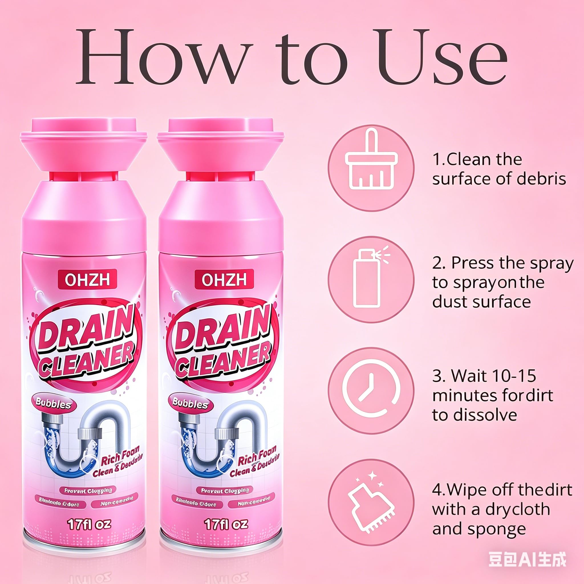 Foaming Drain Cleaner,Drain Clog Remover-Sink Cleaner and Deodorizer & Eliminates Odors, Fast Clog Removal, Safe Sink Cleaner and Deodorizer