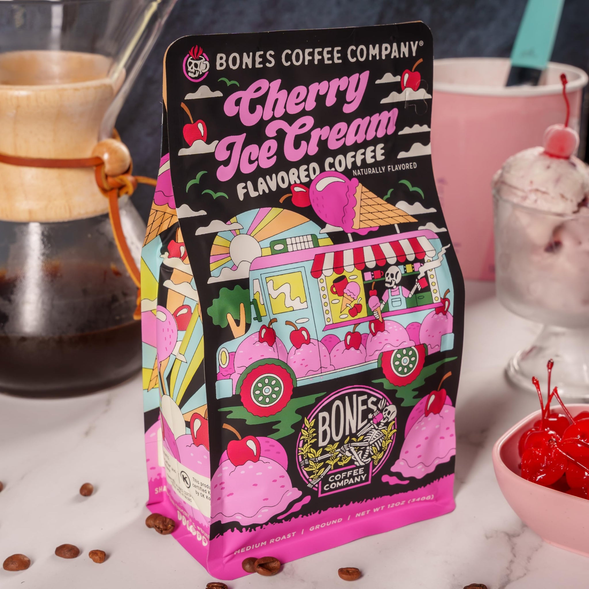 Bones Coffee Company Cherry Ice Cream Flavored Coffee, Medium Roast Low Acid Arabica Beans Compatible with Auto drip and French Press Coffee Maker, 12