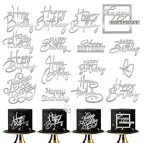 15 PCS Silver Happy Birthday Cake Toppers Mirror Acrylic Cake Topper Side Cake Decorations Silver Cake Inserts Cake Decorating Supplies Cupcake