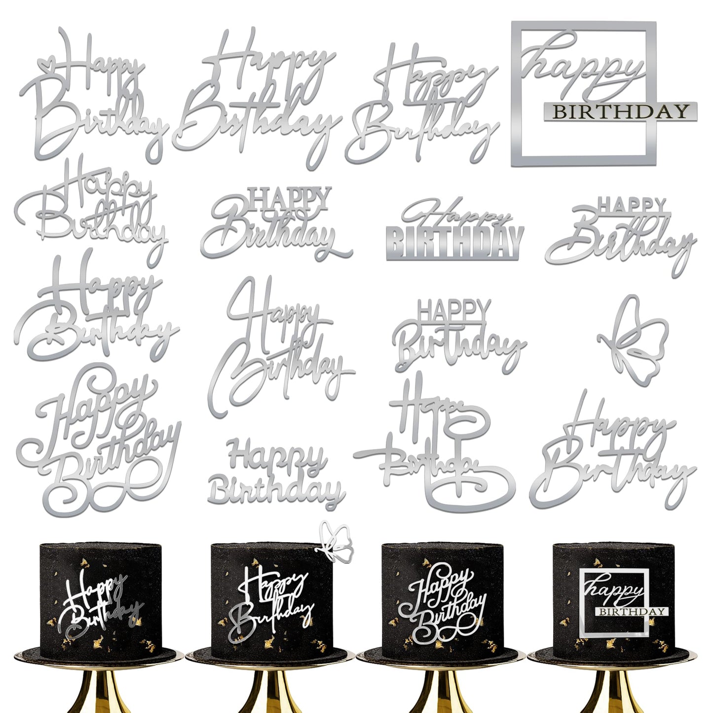 15 PCS Silver Happy Birthday Cake Toppers Mirror Acrylic Cake Topper Side Cake Decorations Silver Cake Inserts Cake Decorating Supplies Cupcake