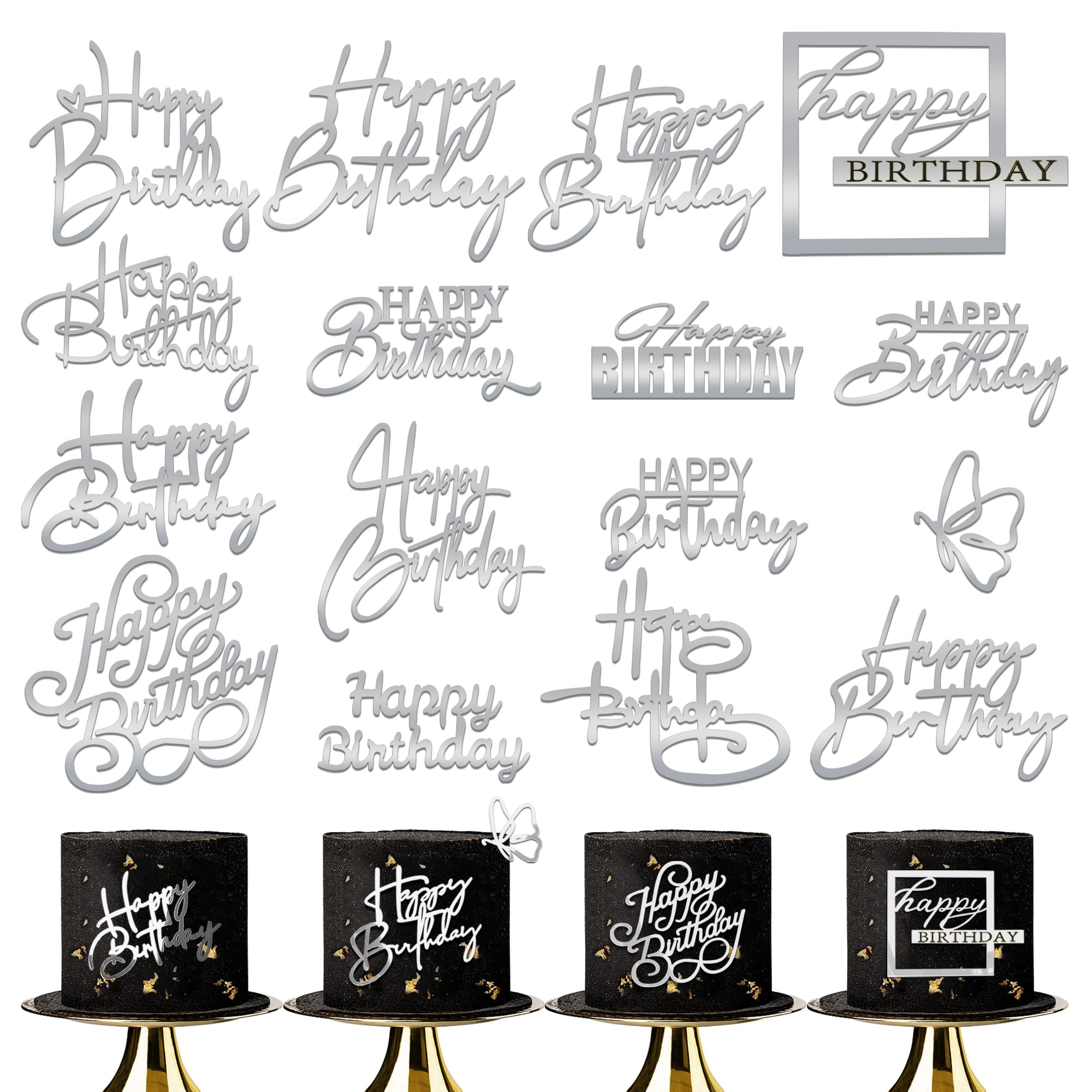 15 PCS Silver Happy Birthday Cake Toppers Mirror Acrylic Cake Topper Side Cake Decorations Silver Cake Inserts Cake Decorating Supplies Cupcake