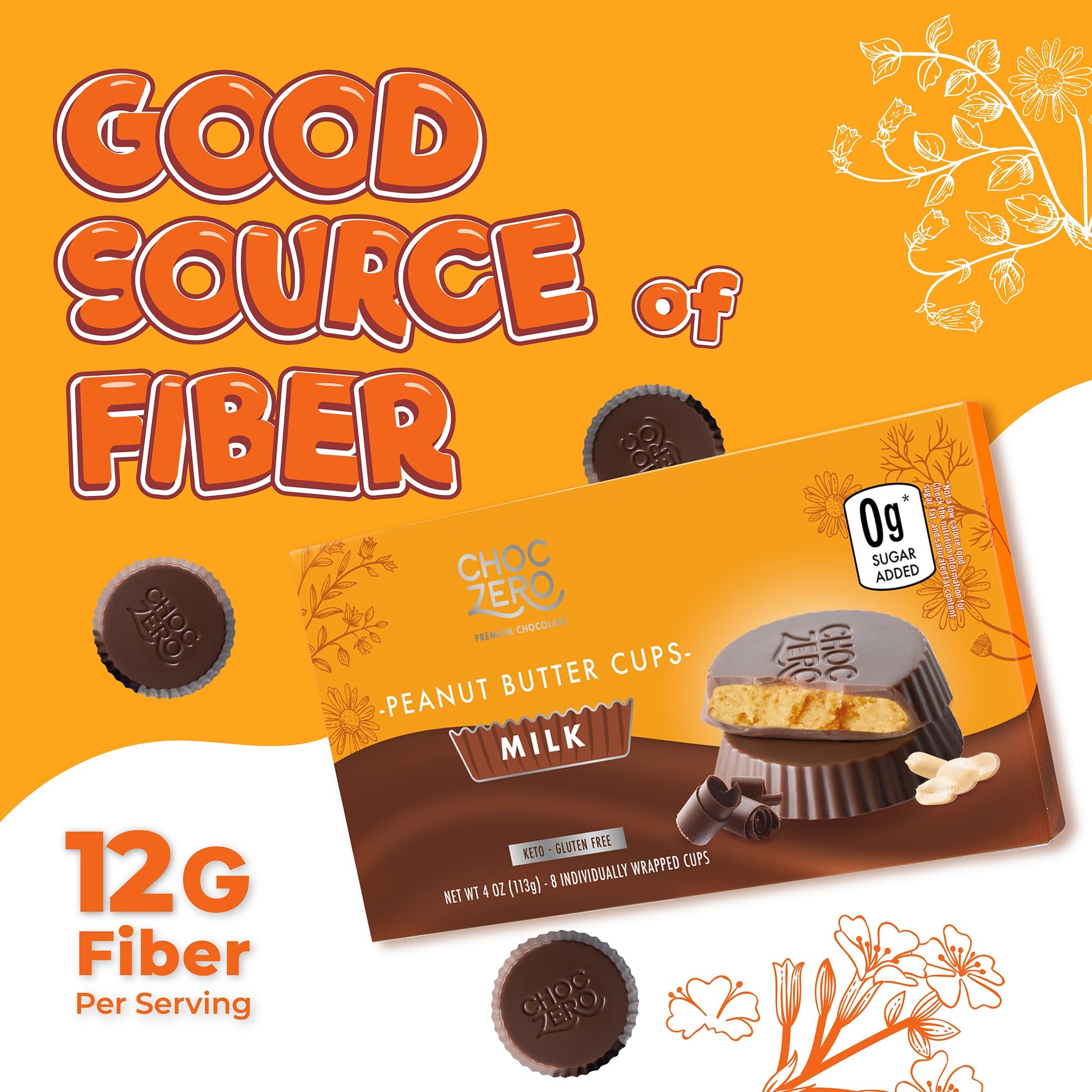 ChocZero Milk Chocolate Peanut Butter Cups, No Added Sugar, Low Carb Snack, High Fiber, Keto Friendly, 32 Total Cups (4 Ounce, Pack of 4)