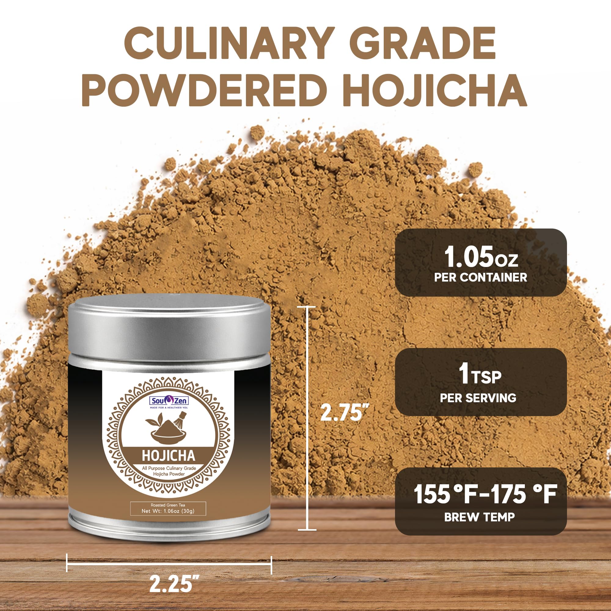 Sou Zen Roasted Hojicha Powder 1.06oz (30g) | Roasted Green Tea Hojicha | Rich, Toasted Flavor for Lattes, Baking & Culinary Use | 100% Vegan with No