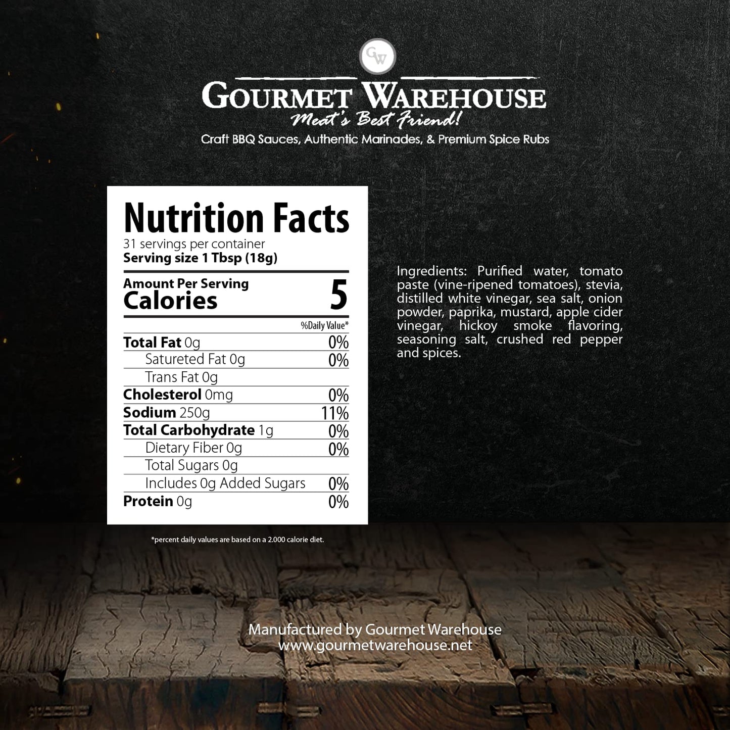 Gourmet Warehouse Sugar Free BBQ Sauce, Premium Barbecue Sauces Handcrafted In Small Batches Gluten-Free, HFCS-Free, Low Carb, Paleo, Keto Friendly