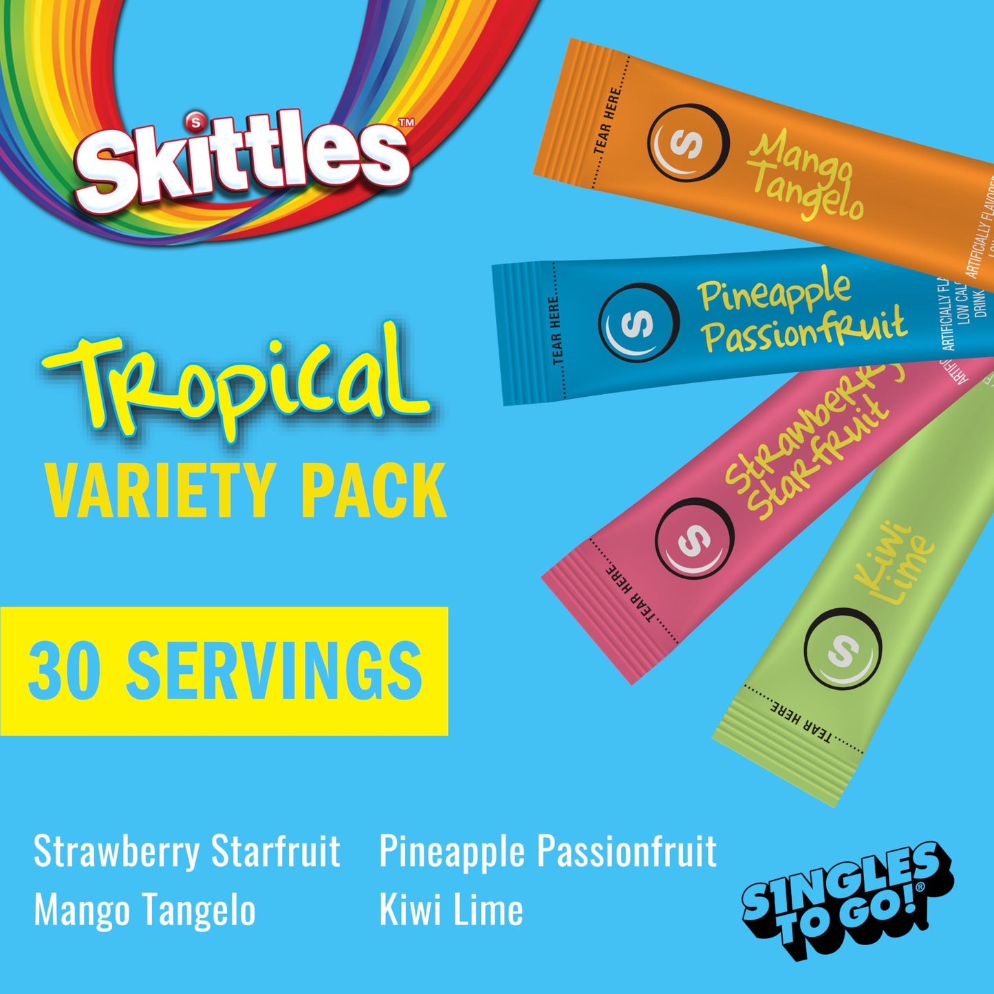 SINGLES TO GO! Skittles Singles To Go Tropical Flavors Variety Pack, Powdered Drink Mix, Strawberry Starfruit, Mango Tangelo, Kiwi Lime, Pineapple