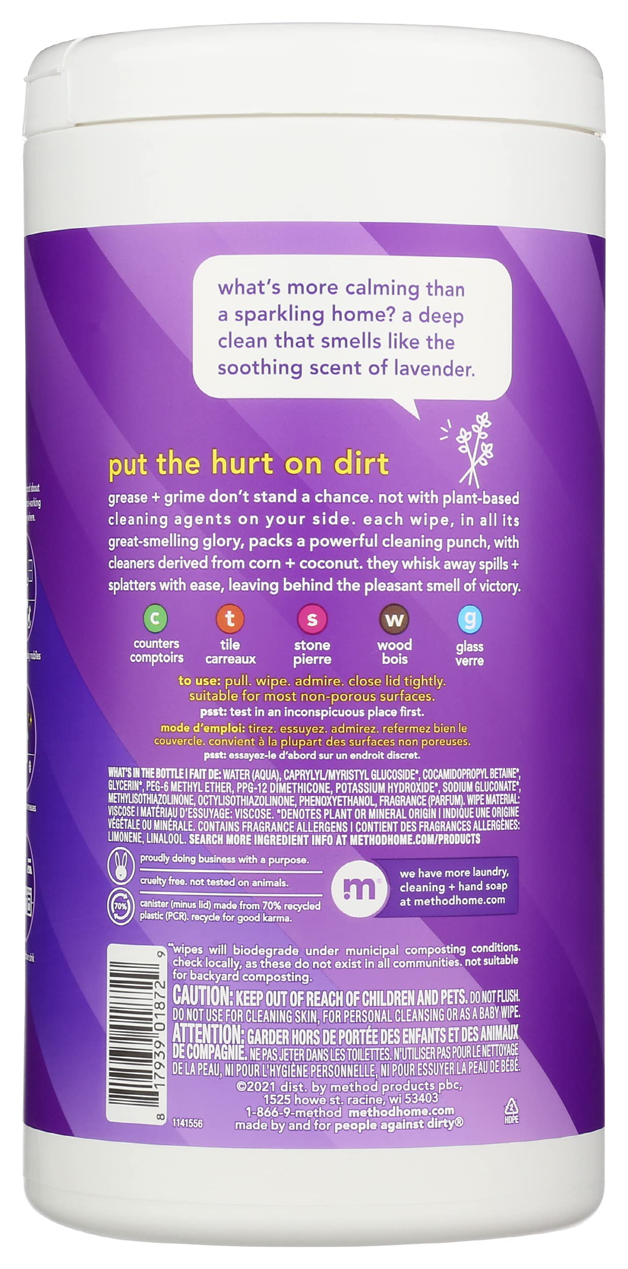 Method All-Purpose Cleaning Wipes, French Lavender, Multi-Surface, Compostable, 70 Count (Pack of 1)