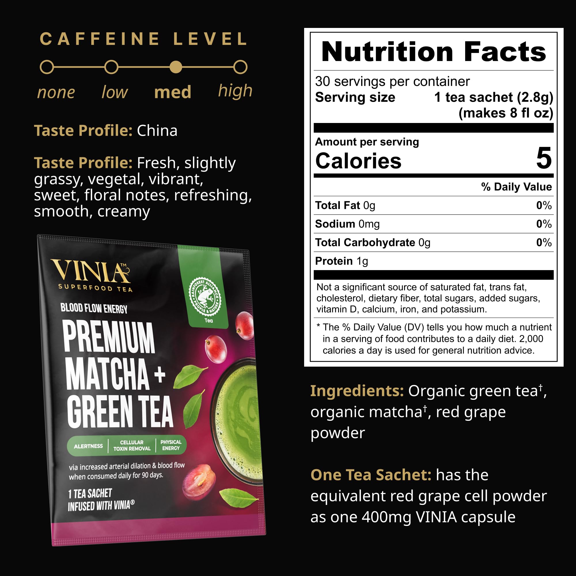 VINIA Premium Matcha + Green Tea Bags, Made with Organic Tea, Infused with Piceid Resveratrol for Heart Health, Nitric Oxide, Physical Energy