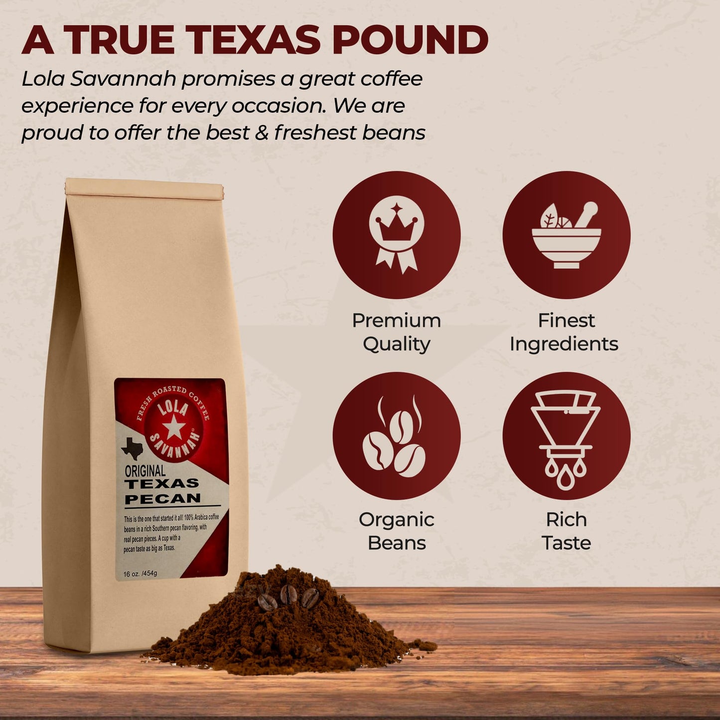 Lola Savannah Texas Pecan Ground Caffeinated Coffee, 1lb