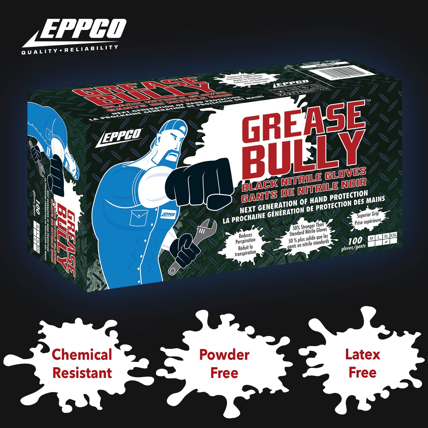 EPPCO Grease Bully 6-Mil Black Nitrile Gloves Disposable Powder Free, Latex Free Textured Superior Grip Glove for Mechanics, Auto-motive, Industrial