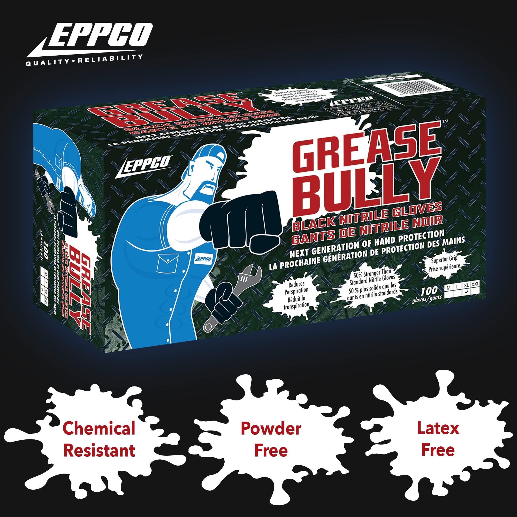 EPPCO Grease Bully 6-Mil Black Nitrile Gloves Disposable Powder Free, Latex Free Textured Superior Grip Glove for Mechanics, Auto-motive, Industrial