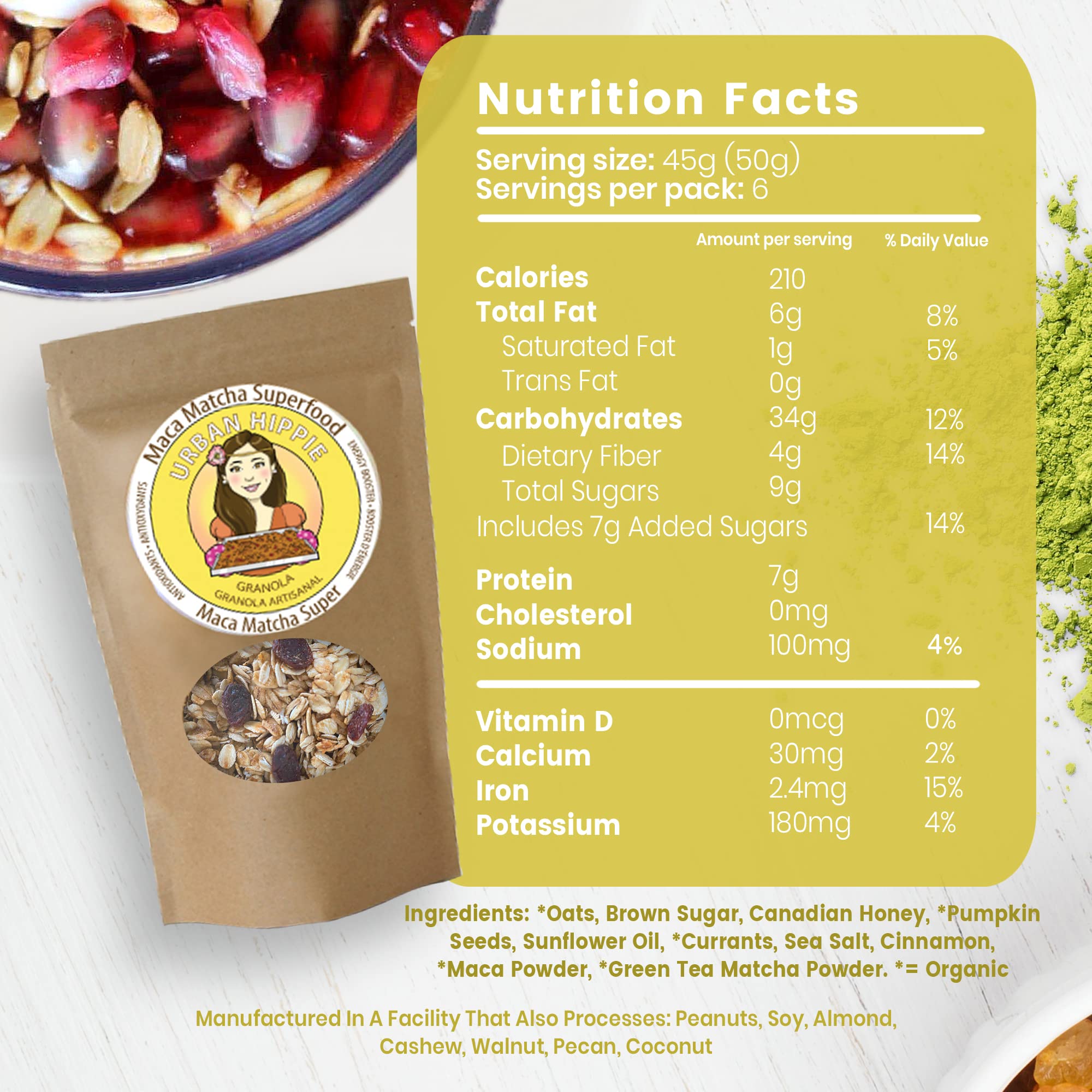Urban Hippie Granola - Maca Matcha Superfood Granola, Non-Gmo, Non Dairy, No Sulphites or Soy, Healthy Granola, 300g
