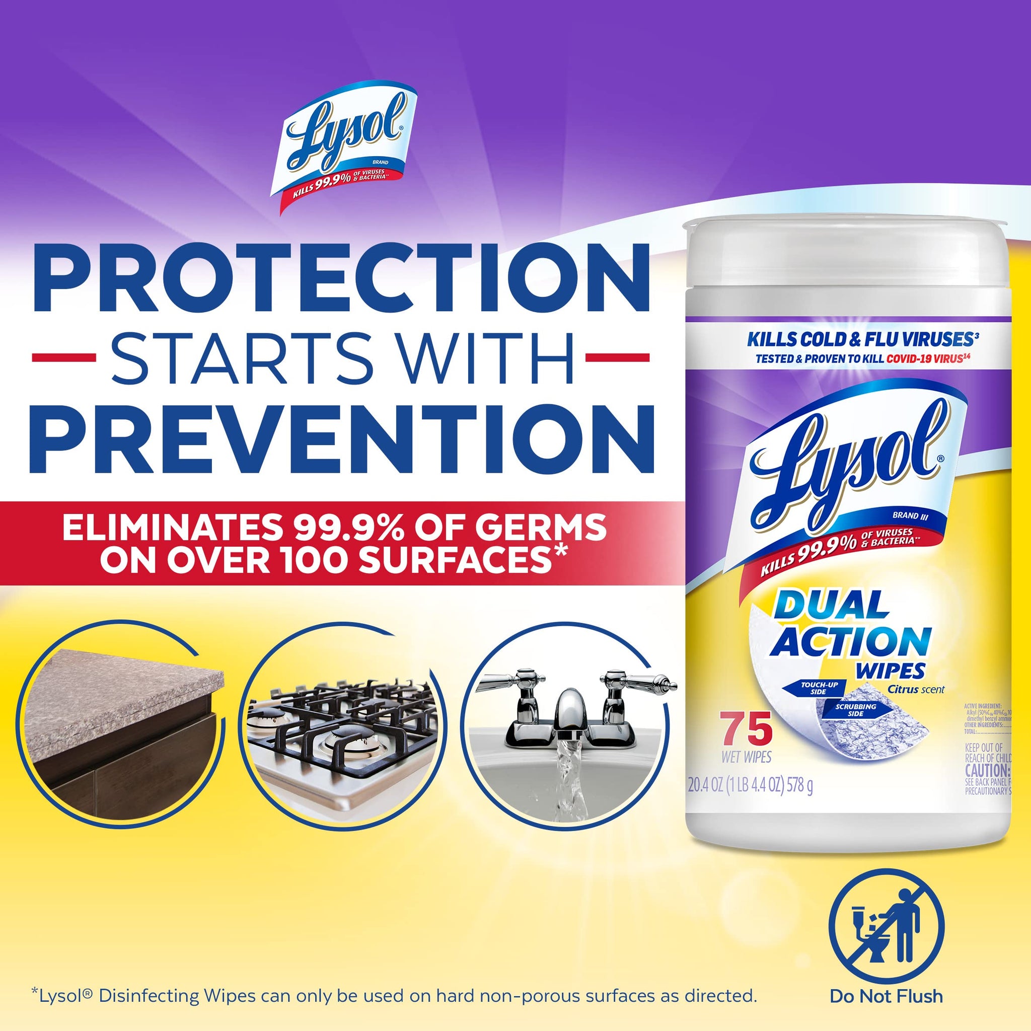 Lysol Dual Action Disinfecting Wipes, Citrus, 75 Count (Pack of 20)