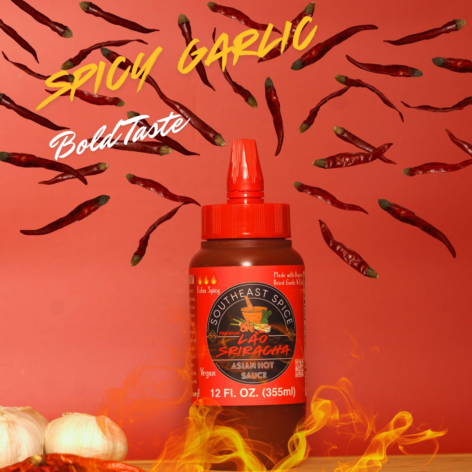 SOUTHEAST SPICE ORGANIC HOT SAUCE - Original Lao Sriracha, bottle red chili sweet garlic pepper siracha, extra Asian sauces, vegan premium natural