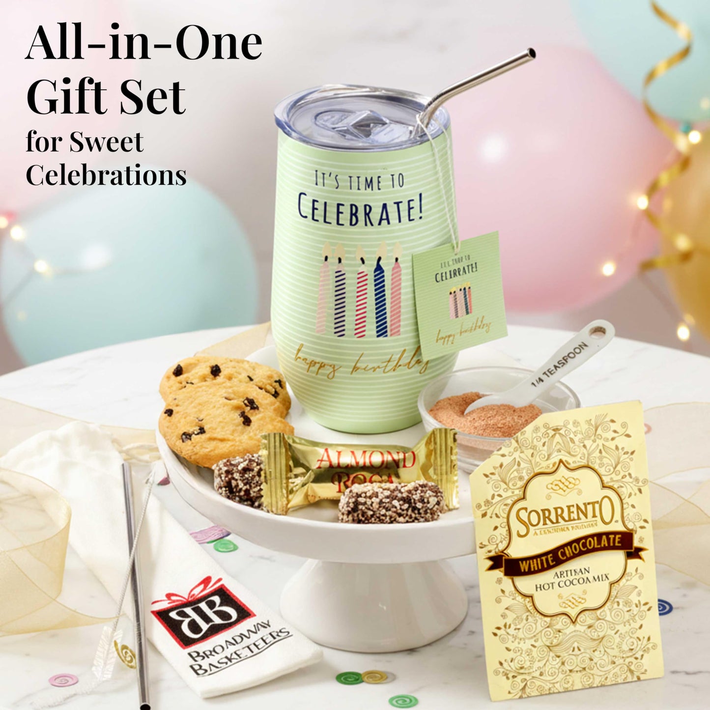 Broadway Basketeers Happy Birthday Chocolate and Sweets Gift Mug Large 16oz. Insulated Gift Mug Includes 3 Piece Set of Metal Straws Birthday gift