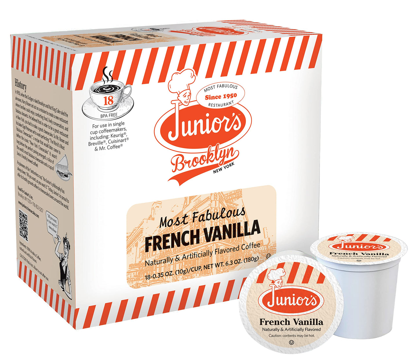 Junior's Most Fabulous French Vanilla Flavored Single Serve Pods (for Keurig Brewers) - 18 Count