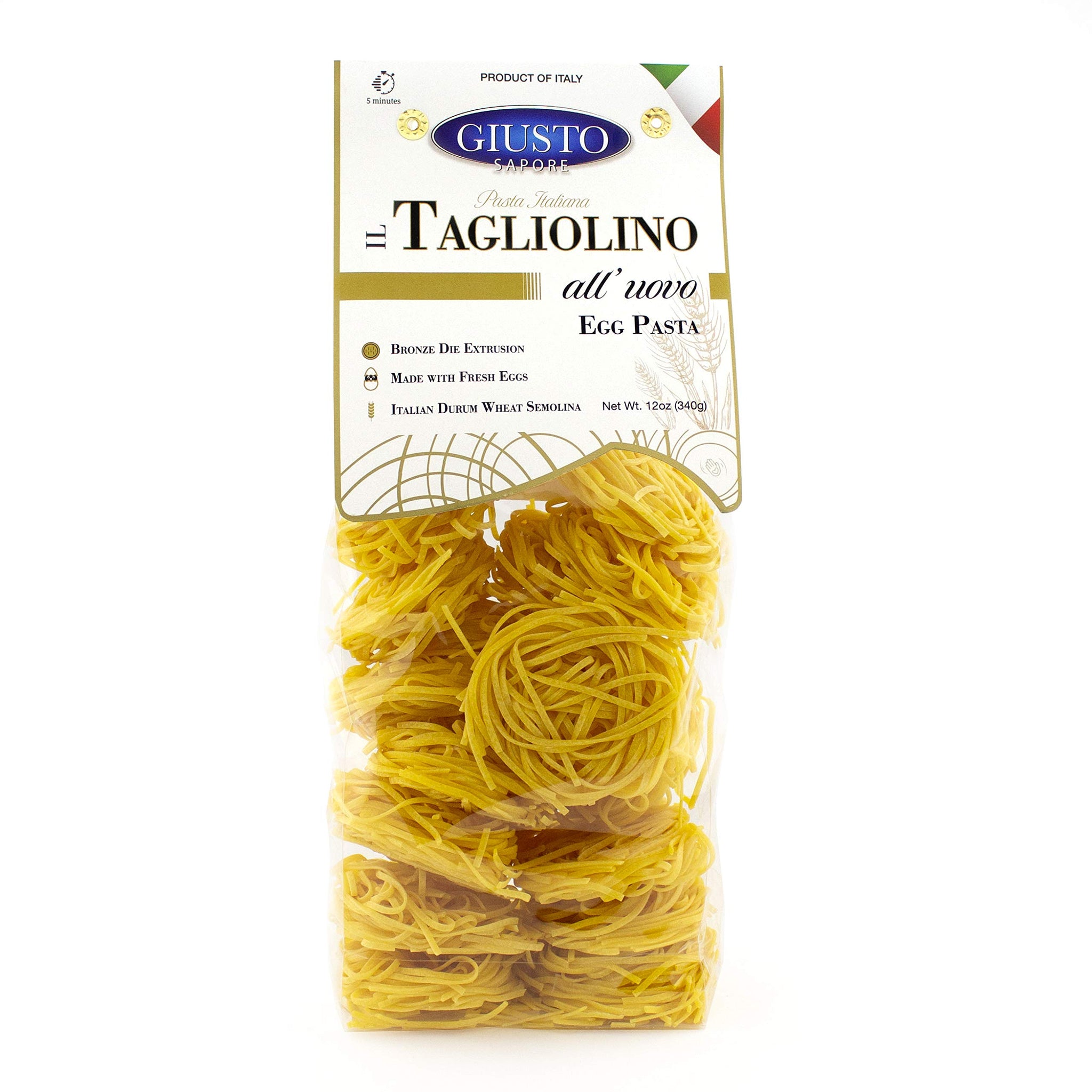 Giusto Sapore Classic Tagliolini All'Uovo Italian Egg Pasta Nest - 340g - Premium Bronze Drawn Durum Wheat Semolina Gourmet Pasta Noodles - Imported