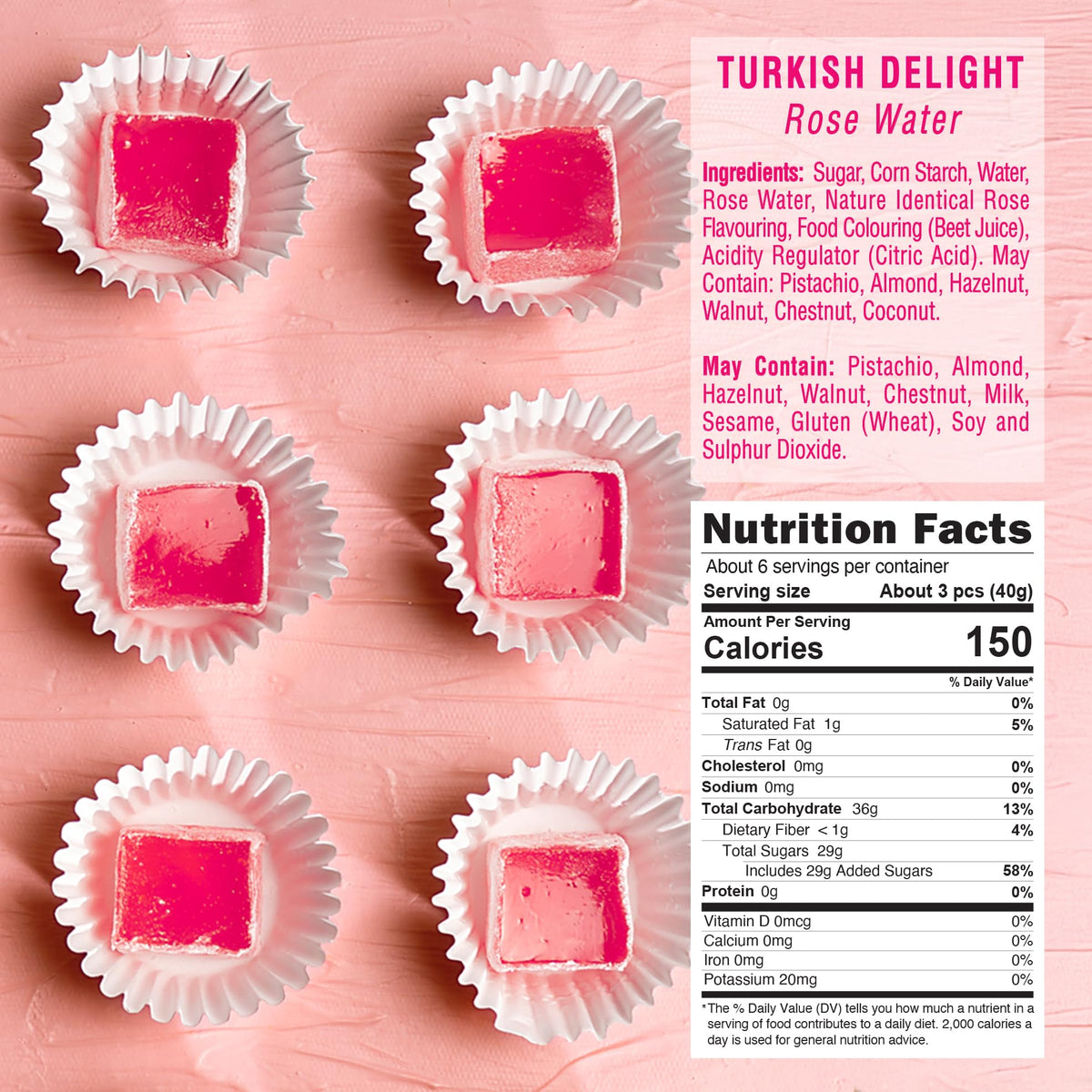 HazerBaba Turkish Delight Rose Candy, 8.8oz (Pack of 1), Vegan Snack Box