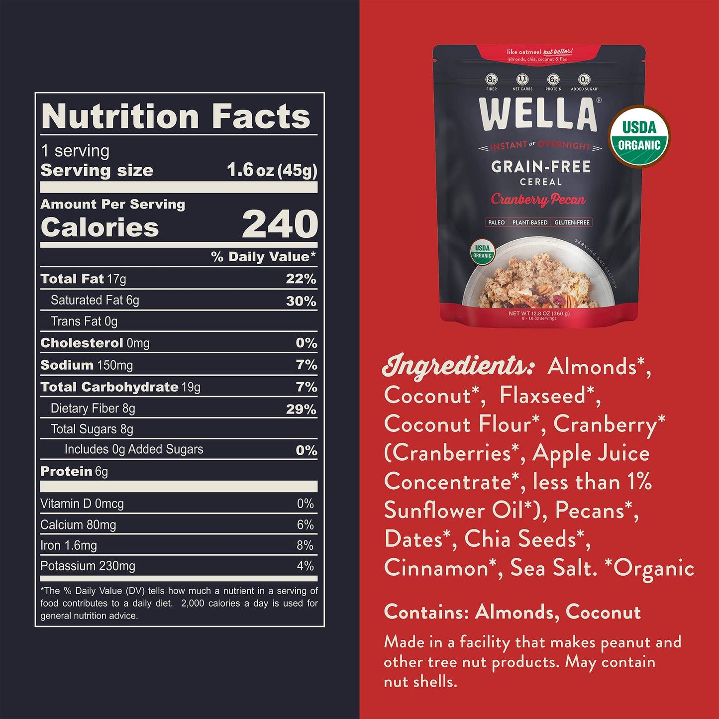 Wella Cereal Oatmeal Alternative, Gluten-Free Breakfast Hot Cereal, Grain-Free Paleo Organic Vegan High Protein Superfood, Plant-Based Non-GMO, Low in