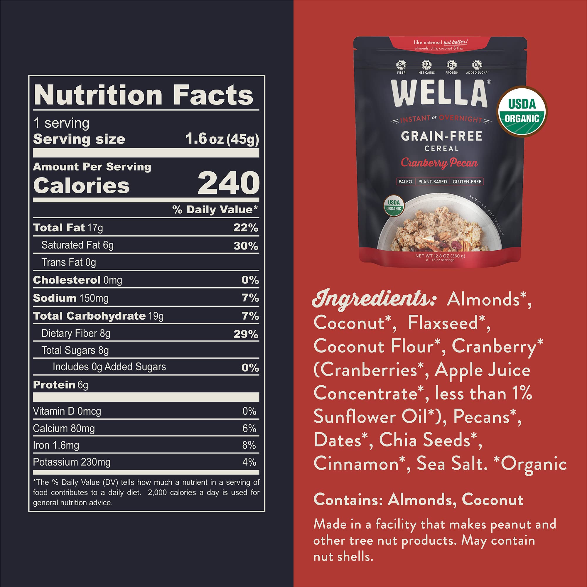 Wella Cereal Oatmeal Alternative, Gluten-Free Breakfast Hot Cereal, Grain-Free Paleo Organic Vegan High Protein Superfood, Plant-Based Non-GMO, Low in