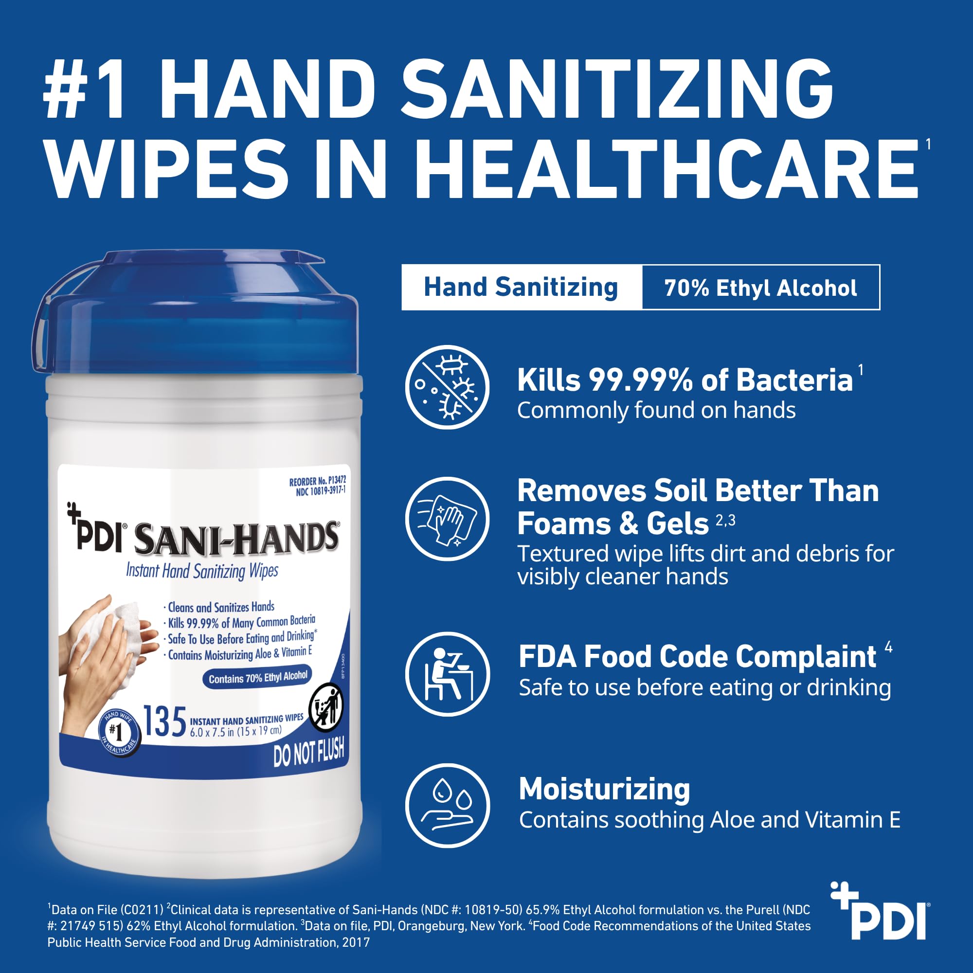 PDI SaniHands ALC Antimicrobial Alcohol Gel Hand Wipe, 135 Per Canister