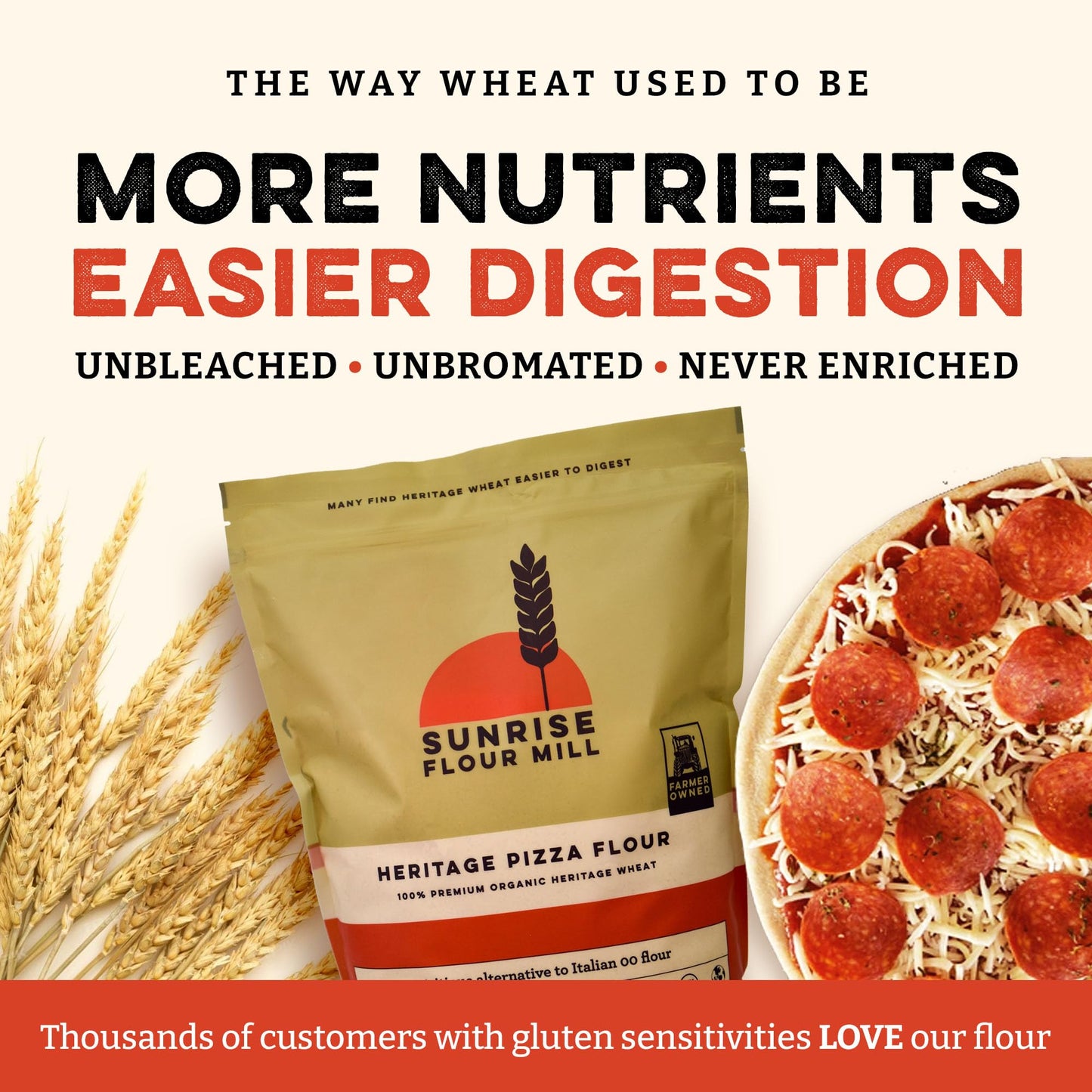 Sunrise Flour Mill USDA Organic Heritage Pizza Flour - 2 lbs | Organic Milled Flour from Hard Red Wheat | Easier to Digest with Less Bloating | No