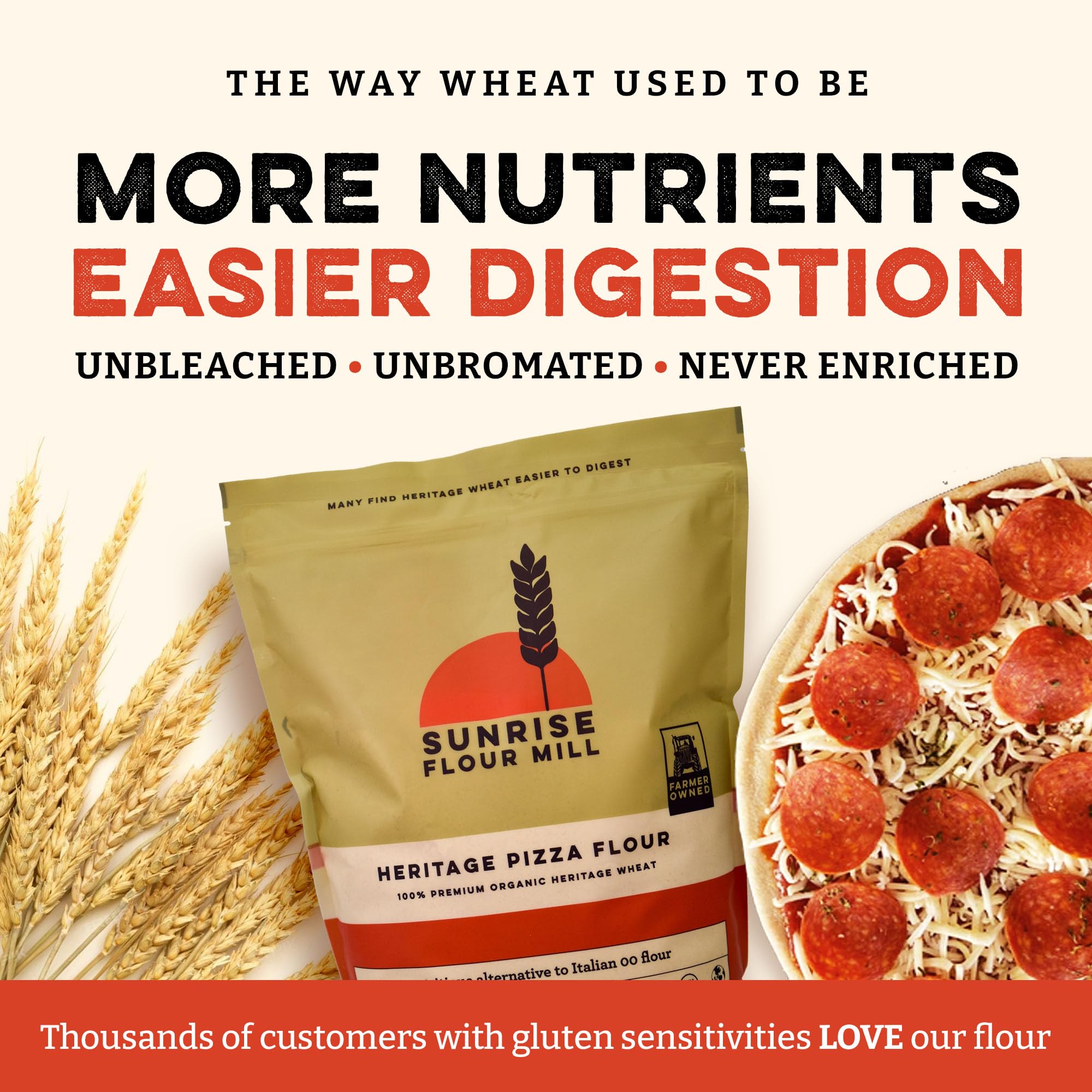Sunrise Flour Mill USDA Organic Heritage Pizza Flour - 2 lbs | Organic Milled Flour from Hard Red Wheat | Easier to Digest with Less Bloating | No