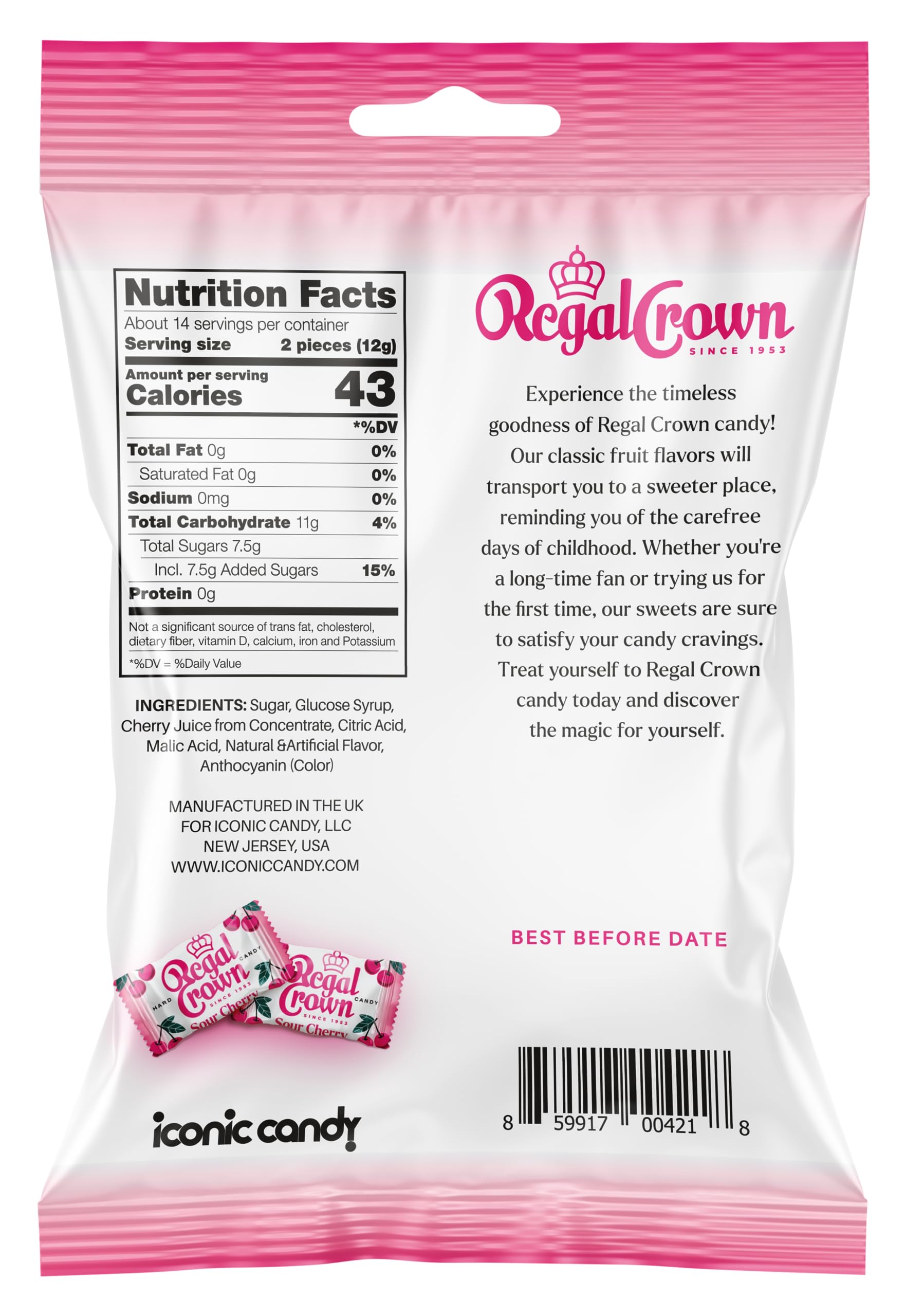 Regal Crown Sour Cherry Candy | Traditional Sour Cherries Candy | Tart and Tangy Old Fashioned Sour Cherry Hard Candy Brought To You By Iconic Candy |