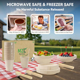 200pcs Compostable Paper Set Eco-friendly Heavy-duty Disposable Plates Cutlery Utensils, Bamboo Plates Bowls Forks Knives Spoons Cups Straws fruit