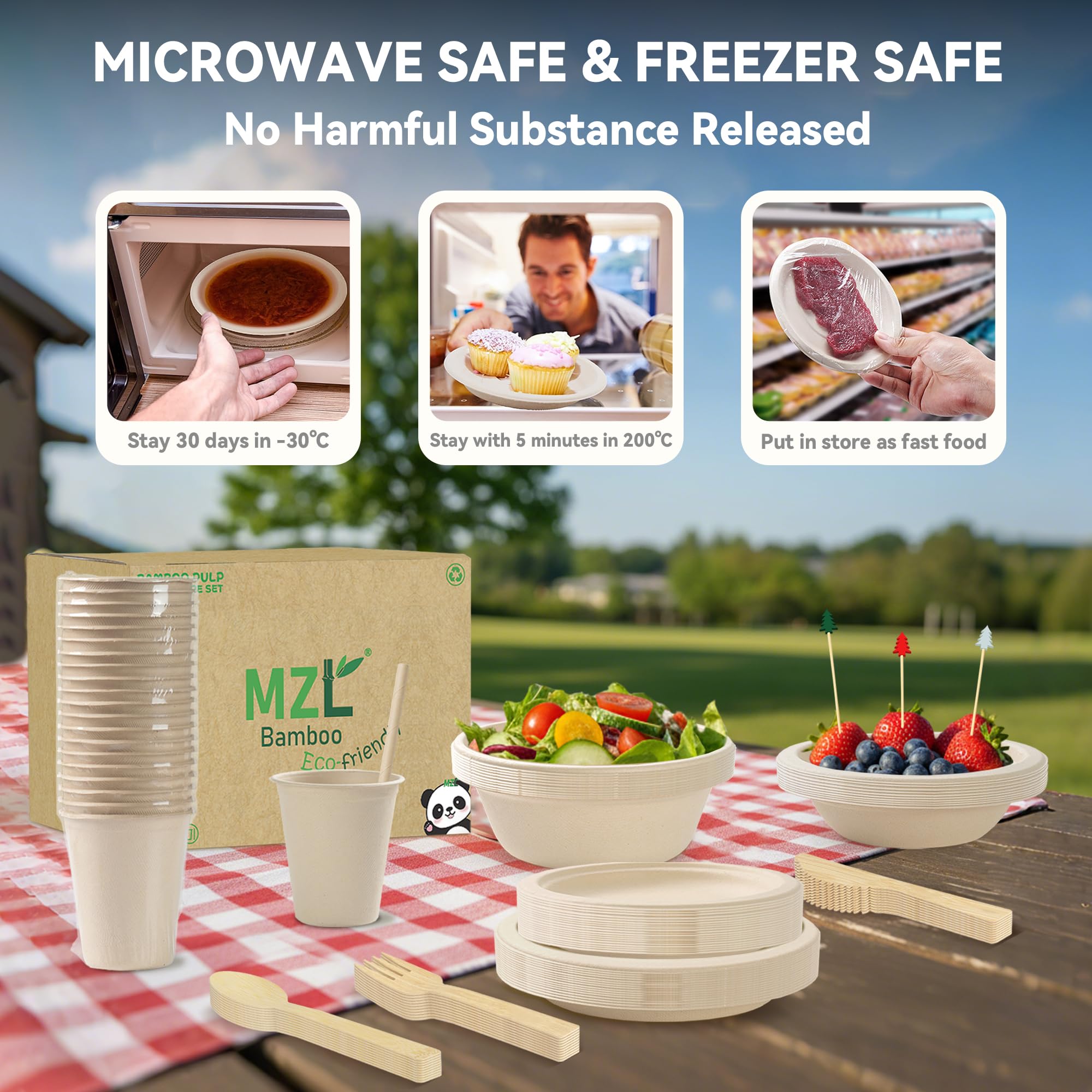 200pcs Compostable Paper Set Eco-friendly Heavy-duty Disposable Plates Cutlery Utensils, Bamboo Plates Bowls Forks Knives Spoons Cups Straws fruit
