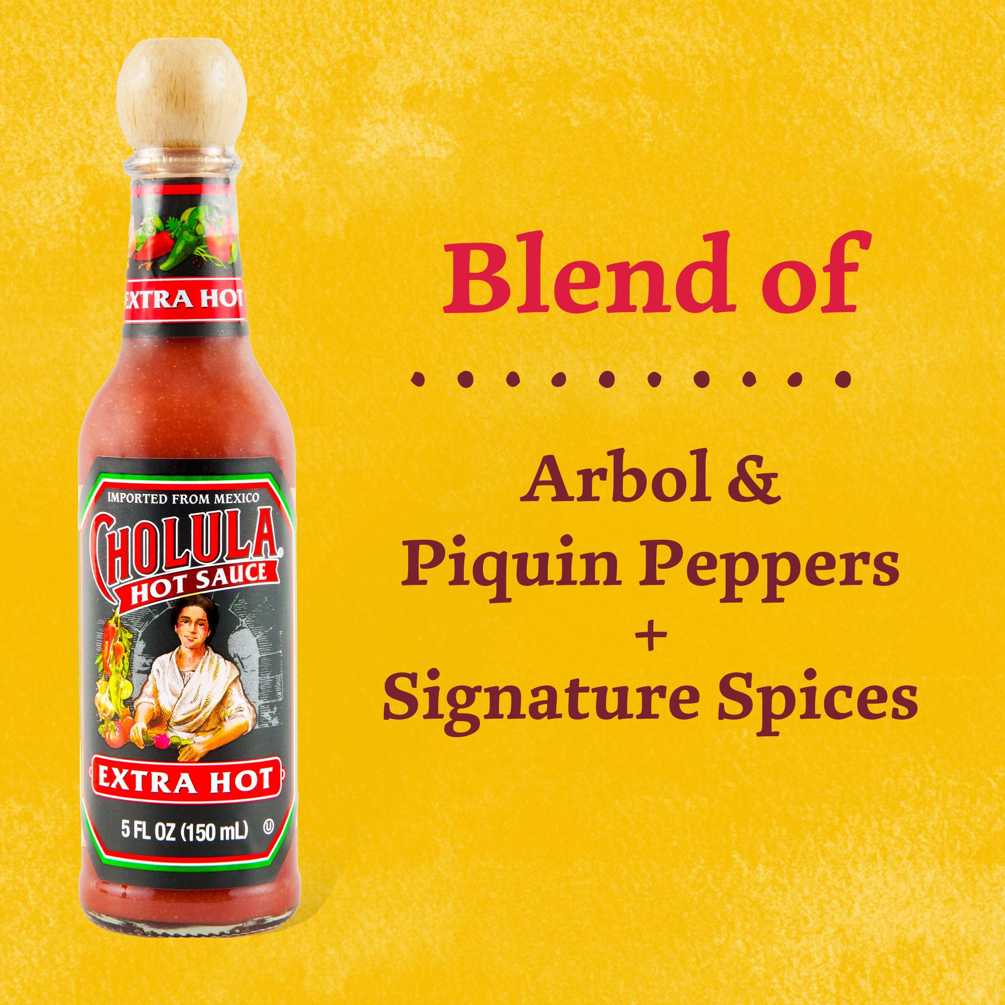 Cholula Hot Sauce, Extra Hot, Product of Mexico, Blend of Arbol & Piquin Peppers for Bringing Extra Hot Heat to Tacos, Eggs, Pizza and More, 5 fl oz