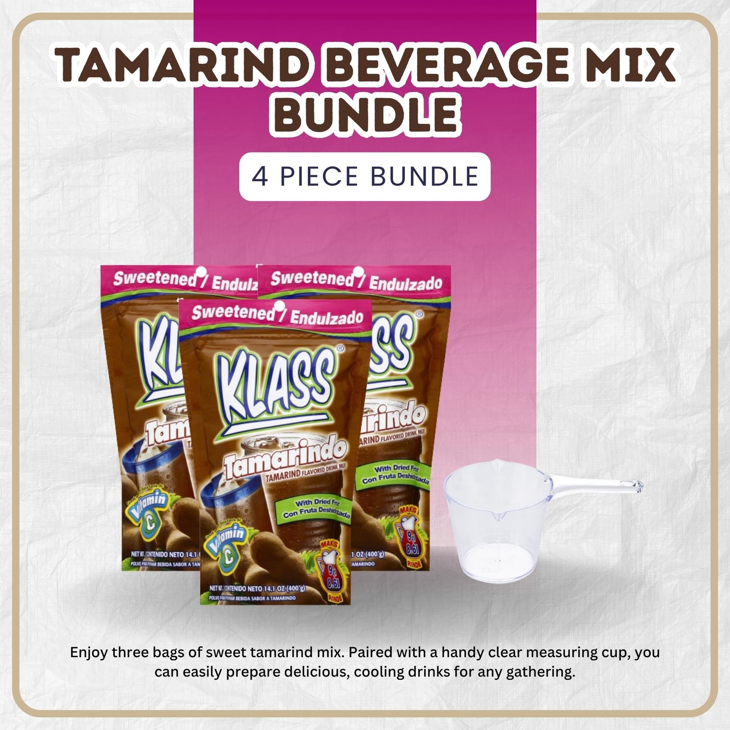 3x Klass Bev Mix Tamarindo Sweetened 14.1 OZ Bundle with Measuring Cup - Traditional Aguas Frescas Drink Mix with Sweet and Tangy Tamarind Flavor