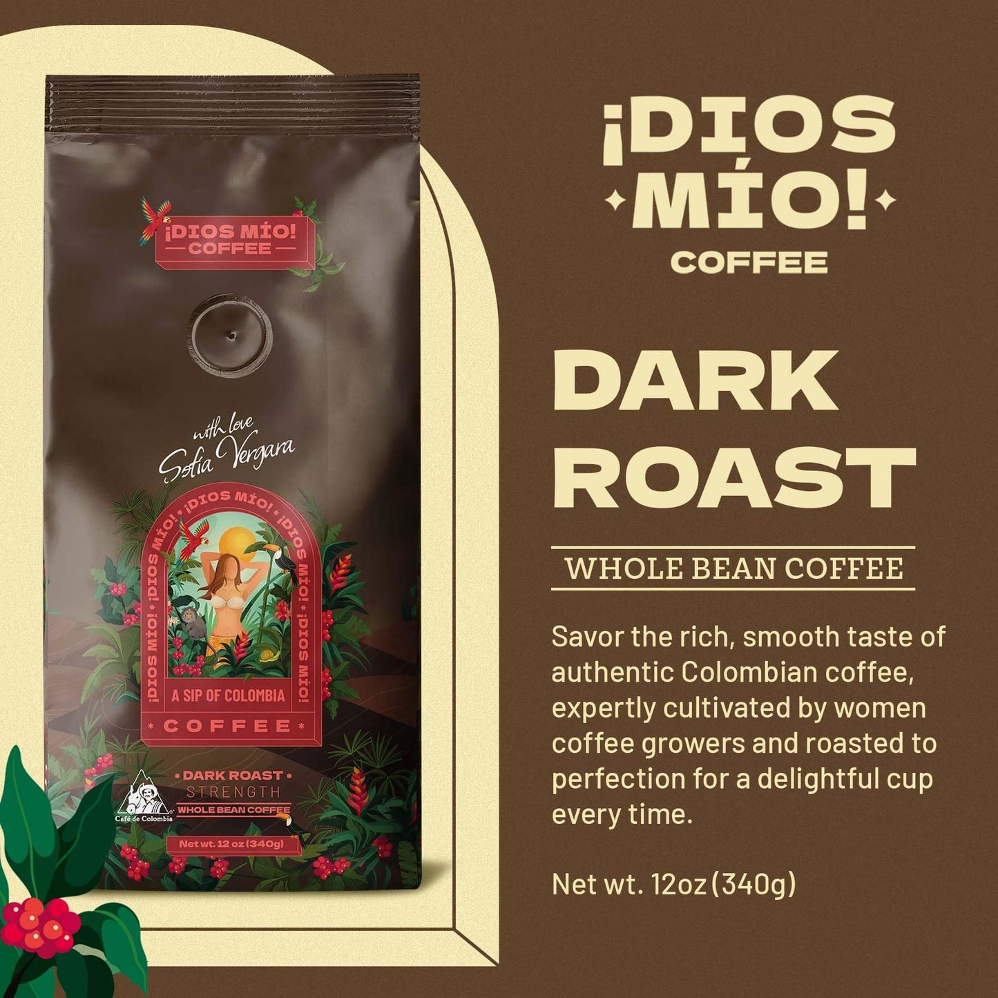 Dios Mio Coffee by Sofia Vergara, Dark Roast, Whole Bean Premium Colombian Coffee, 12 Ounce Bag