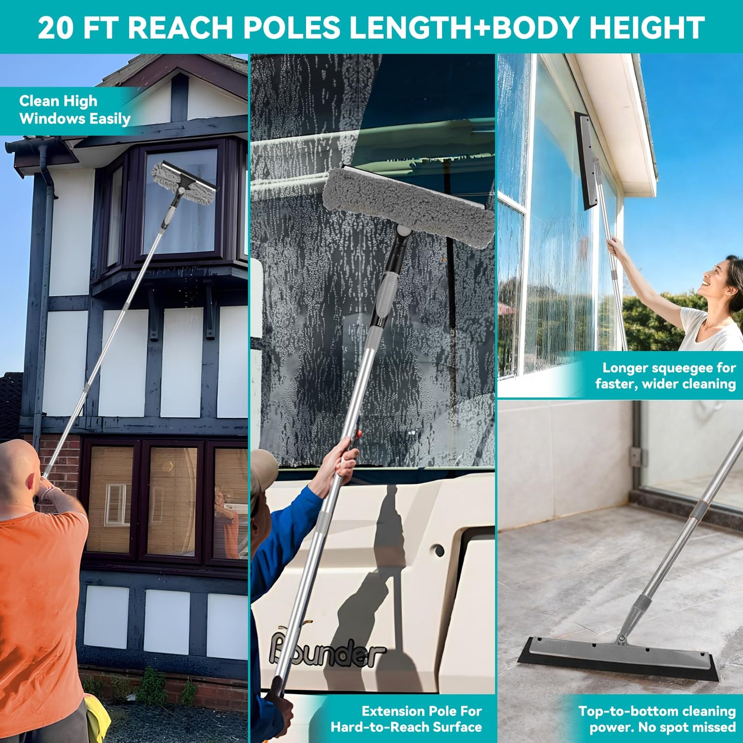 2-in-1 squeegee for window cleaning: 20+ Ft Long Reach cleaner tool with extension pole in home office commercial building Skylight Floor Ceiling Wall