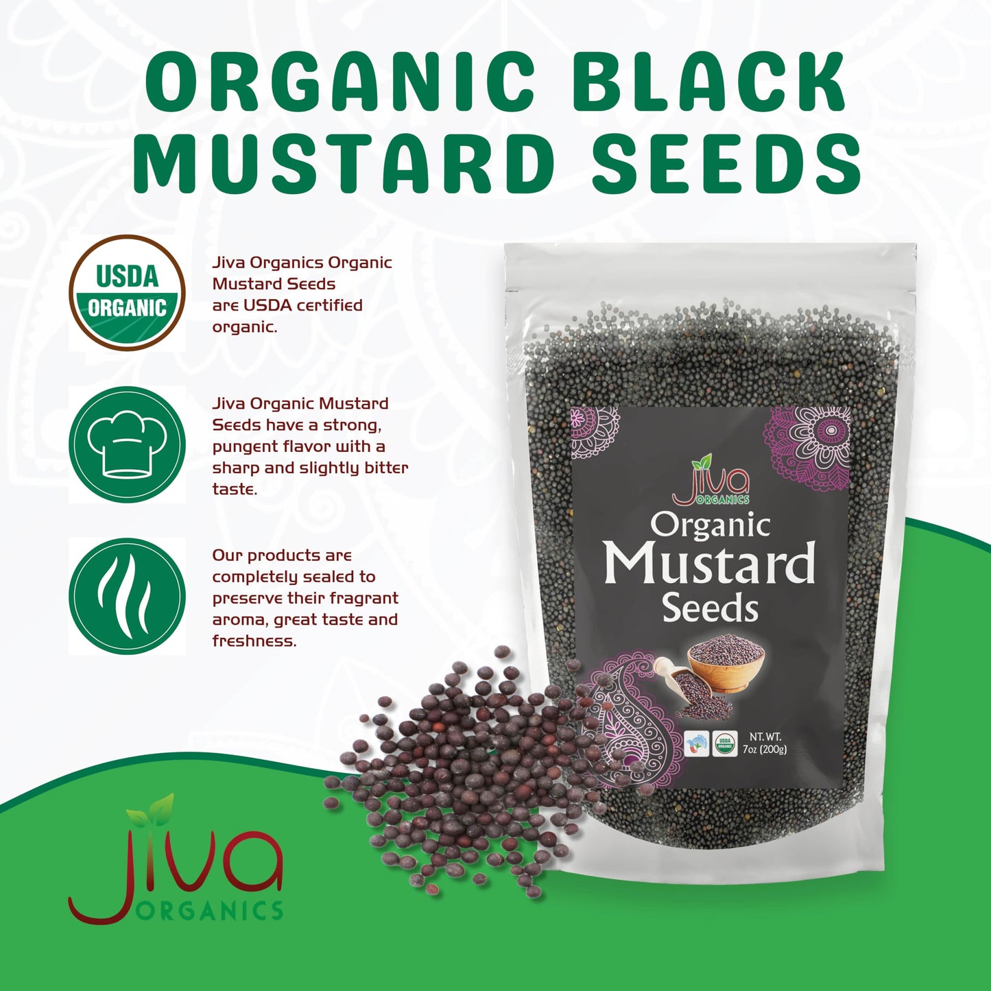 Jiva Organics Organic Black Mustard Seeds 7oz - Non-GMO, Gluten Free, Pungent & Aromatic Spice - 100% Raw & Natural