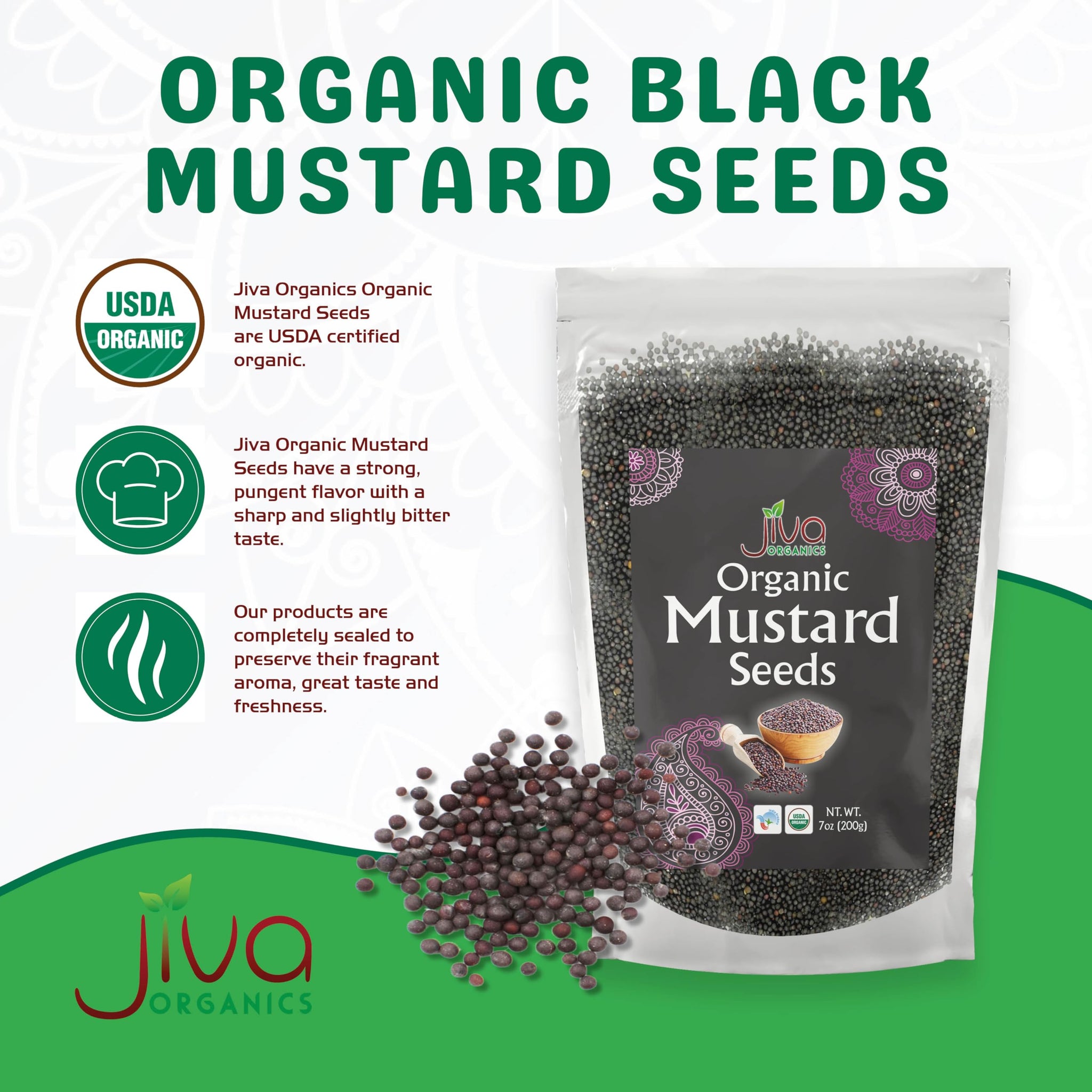 Jiva Organics Organic Black Mustard Seeds 7oz - Non-GMO, Gluten Free, Pungent & Aromatic Spice - 100% Raw & Natural