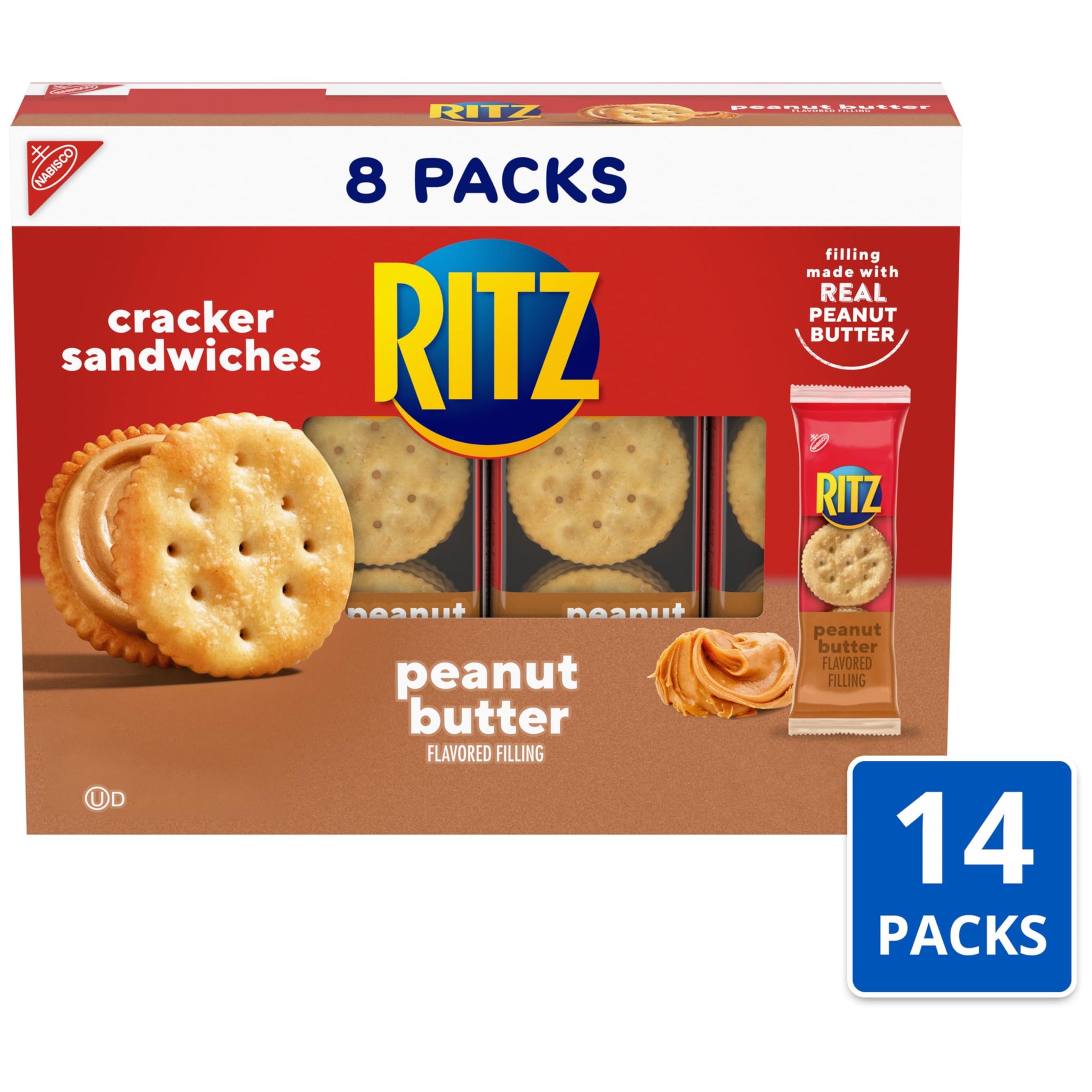 RITZ Peanut Butter Sandwich Crackers, Lunch Snacks, 112 Snack Packs (14 Boxes, 6 Crackers Per Pack)