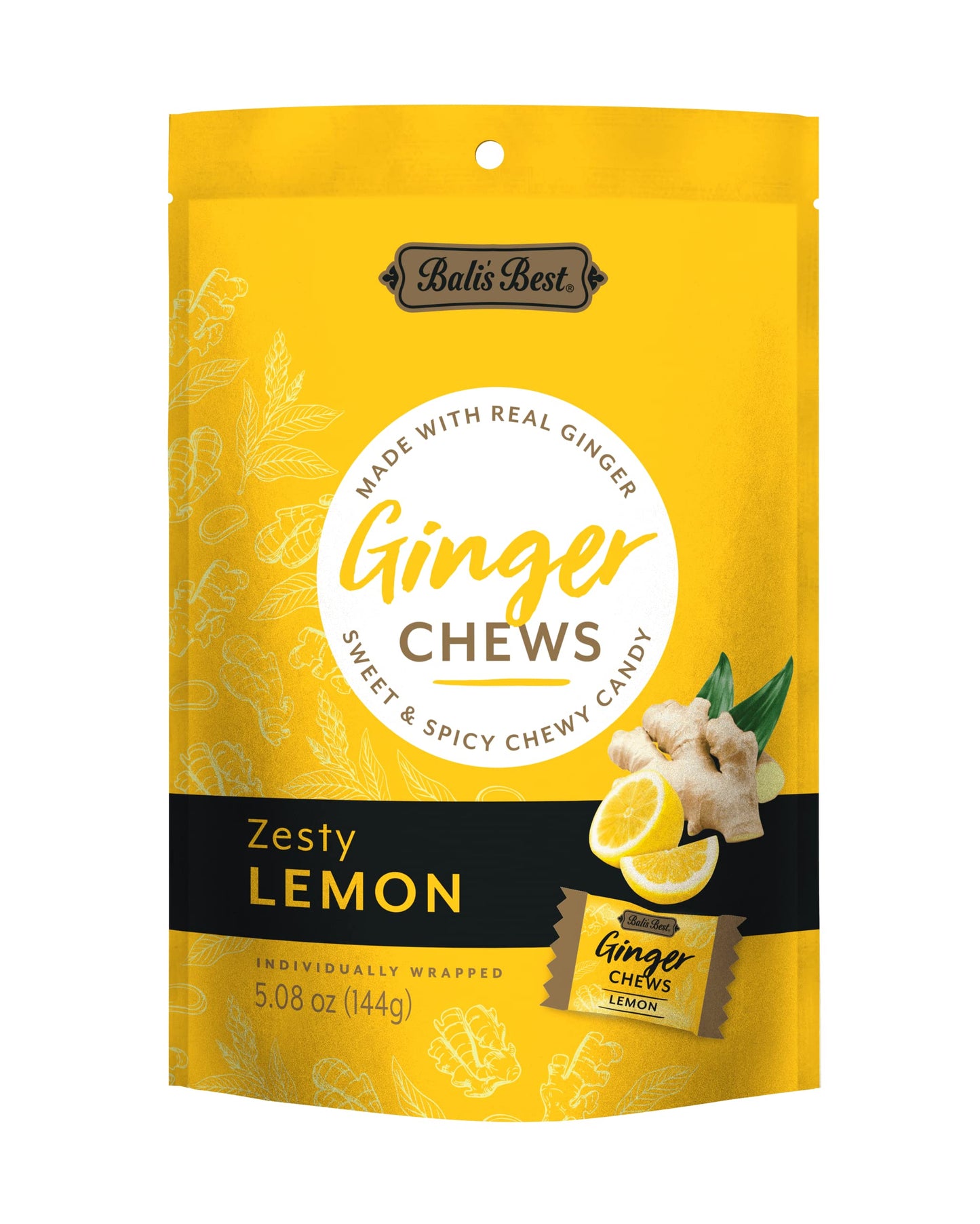 Bali's Best Ginger Chews, Zesty Lemon Flavor, 5.08 Oz, Individually Wrapped Soft Candy, Made with 100% Real Ginger, Digestive Health Support, Upset