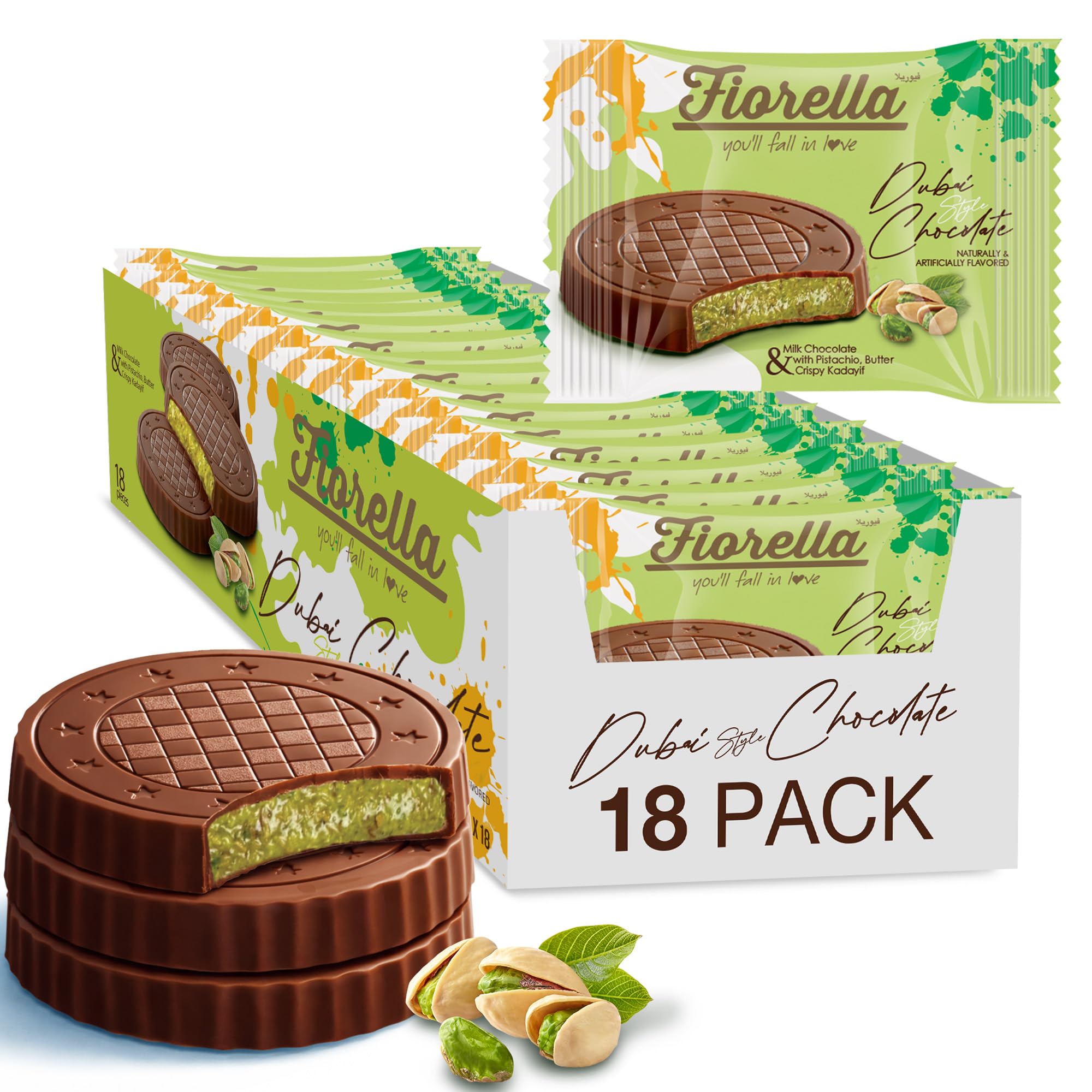 Fiorella Dubai Style Milk Chocolate Pistachio Bars, Filled Chocolate With Pistachio Butter & Crispy Kadayif, Individually Wrapped Chocolate Snacks, 18