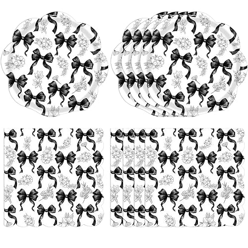 Actoridae 40PCS Black Bow Paper Plates and Napkins Set - Disposable Black and White birthday Party Supplies for Girls & Women, Coquette Birthday